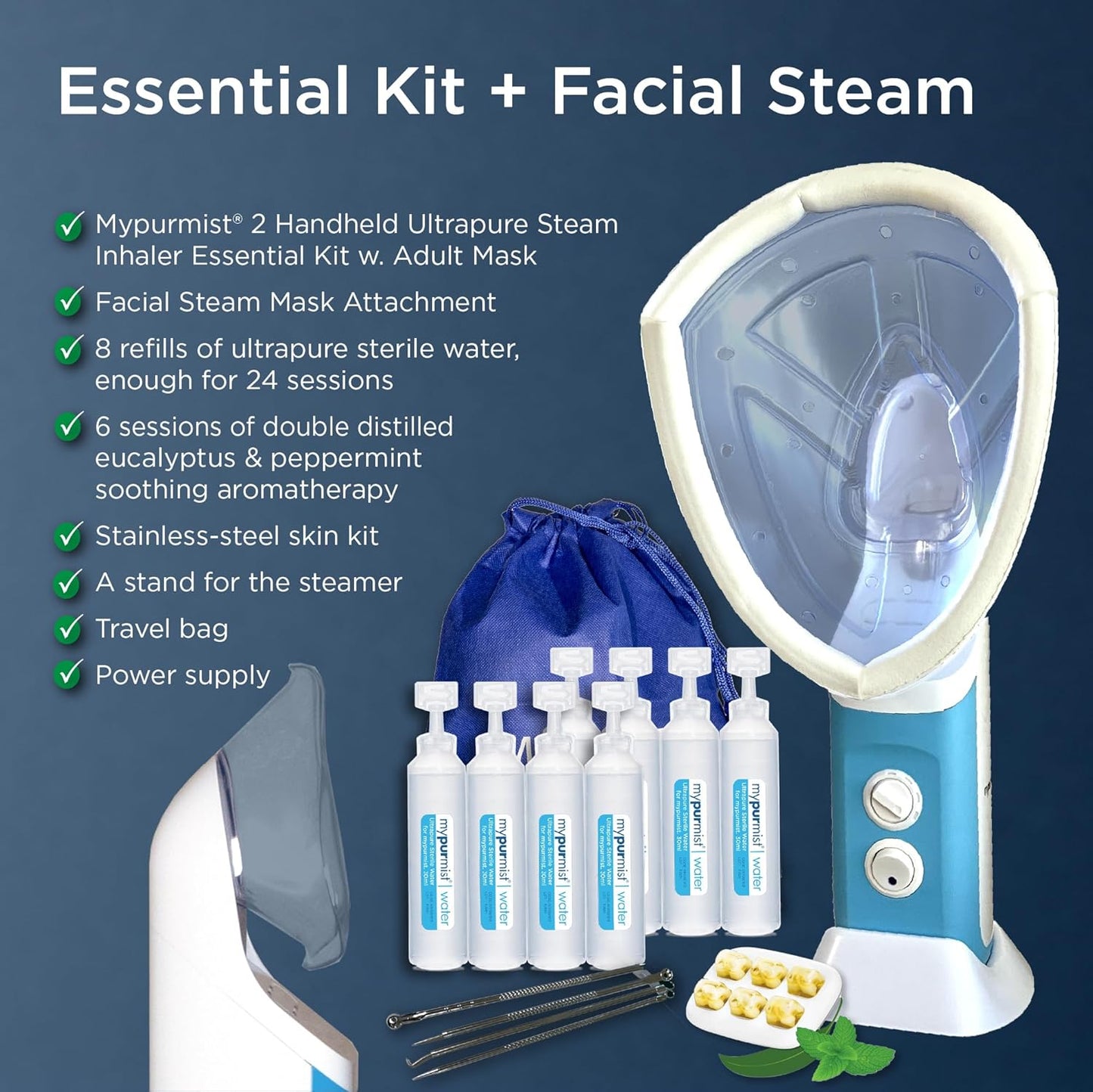 Mypurmistยฎ Essential Kit Plus Facial Steam - Steam Inhaler & Facial Steamer Combo, Personal Handheld Ultrapure Steam - Sinus Congestion Cold Cough Relief Vocal Care Skincare (Plug-in)
