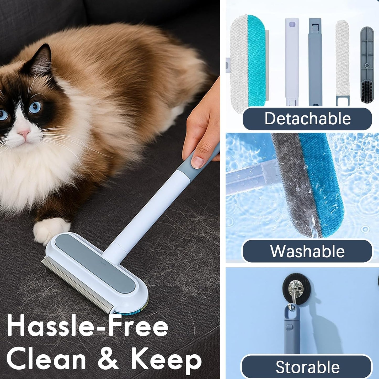 Pet Hair Removal Tool, 4 in 1 Reusable & Washable Dog & Cat Hair Remover, Multifunctional Pet Hair Remover with Extendable Handle & 2 Built-in Brushes, Easy Fur Cleaning for Furniture and Carpet