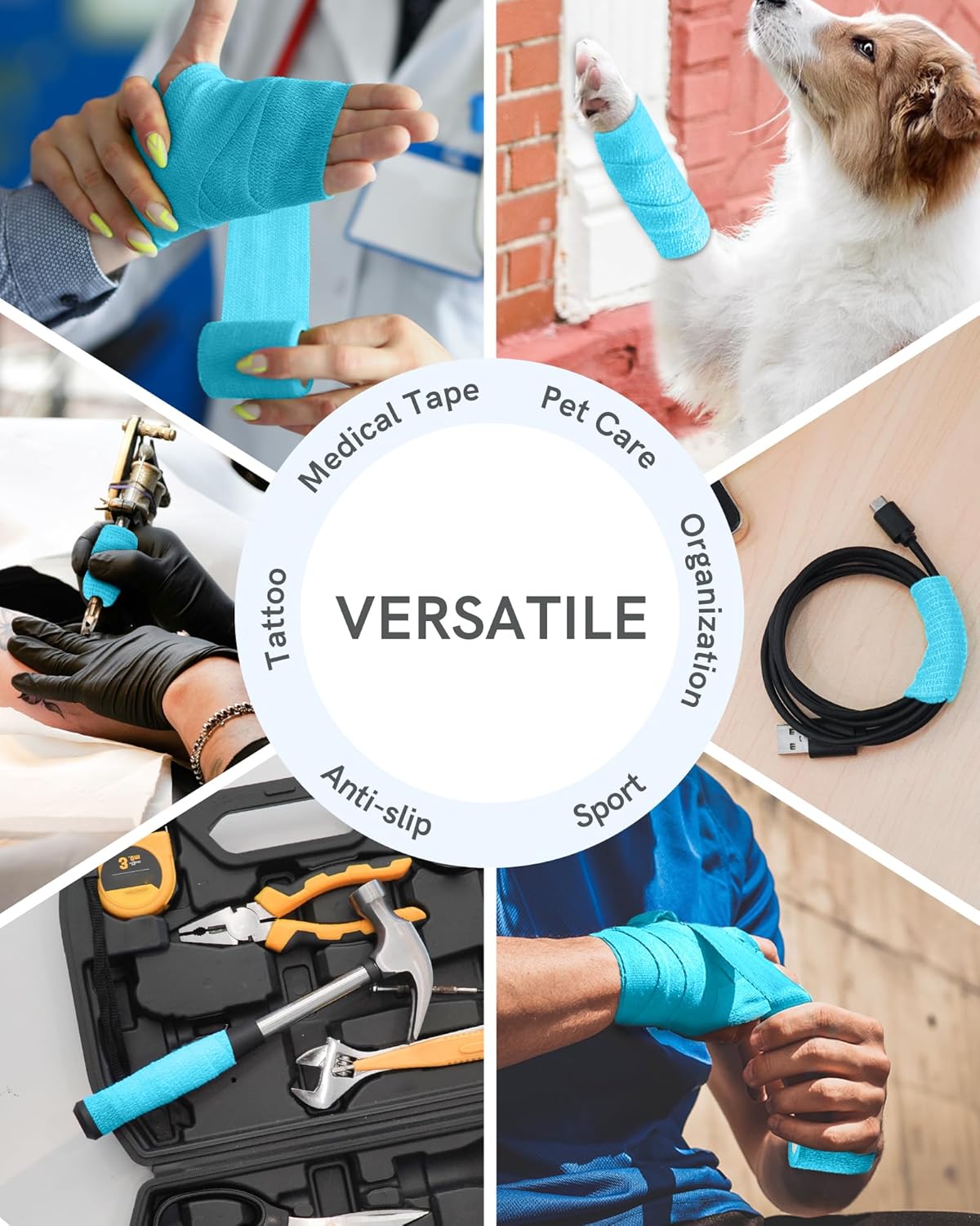 FriCARE Self Adhesive Bandage Wrap, Medical Tape in First Aid Kit, Cohesive Bandages for Wounds Sport Vet, 2 Inches X 5 Yards 6 Rolls, Cerulean Blue