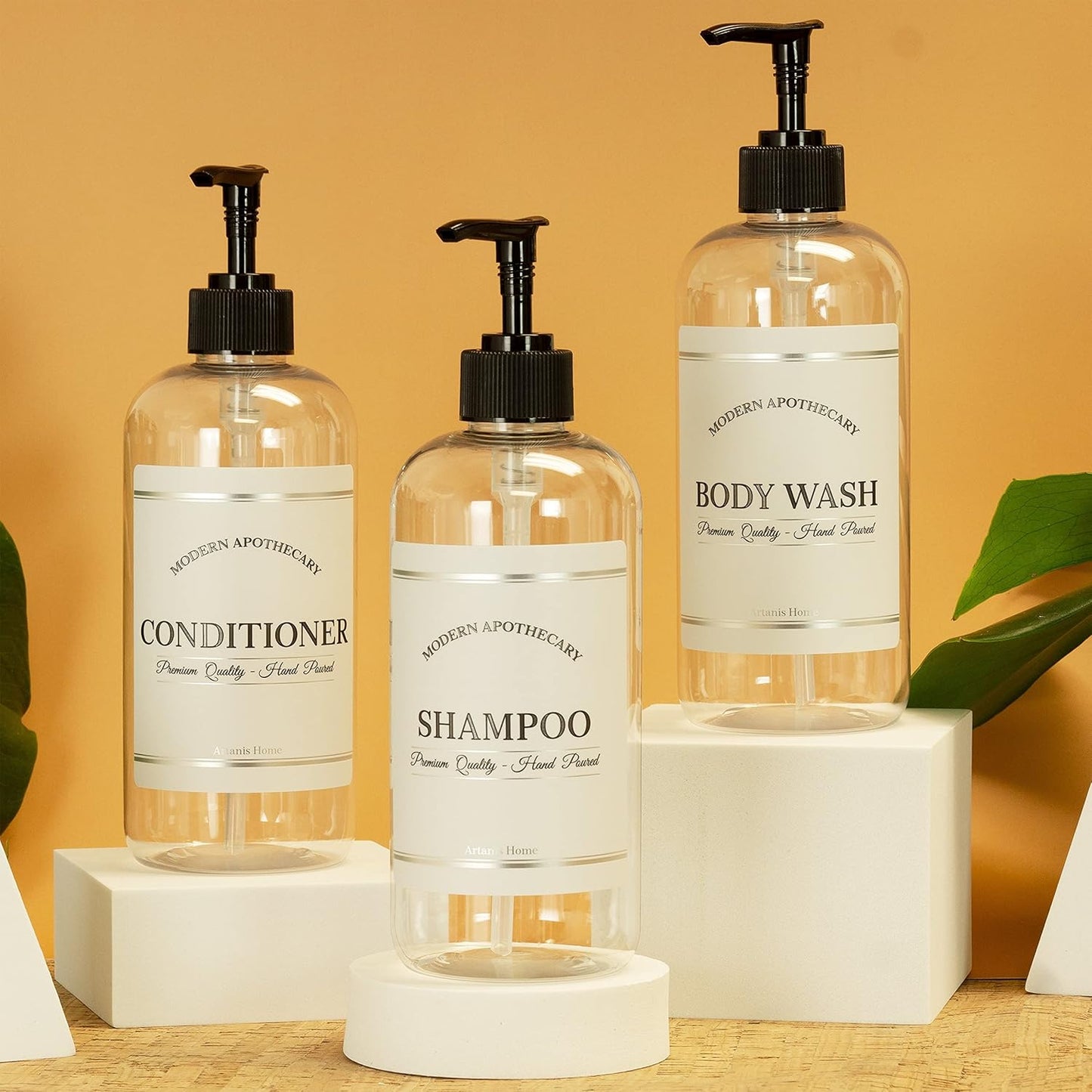 Clear Refillable Shampoo and Conditioner Bottles - Body Wash, Shampoo and Conditioner Dispenser - PET Plastic Shampoo Bottles Refillable with Pump - Waterproof Labels - 16 oz, 3 Pack (Black Plastic)