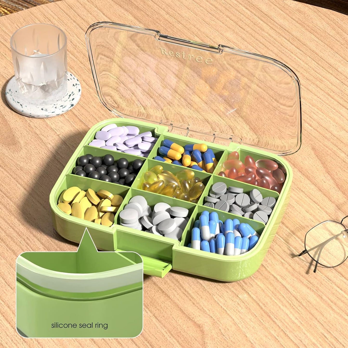 Restree Large Pill Organizer, Moisture Proof & Waterproof Travel Pill Case, Portable Medication Box with Adjustable Dividers for Vitamins Supplements Fish Oil and Daily Pills 9 Compartments (Green)