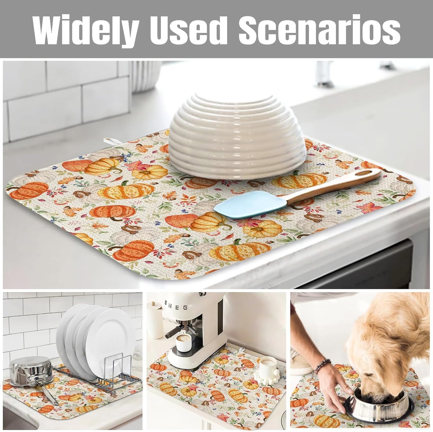 Dish Drying Mat for Kitchen Counter Large 16" x 18" Fall Pumpkin Absorbent Microfiber Dishes Drainer Rack Mats Pad Reusable Washable