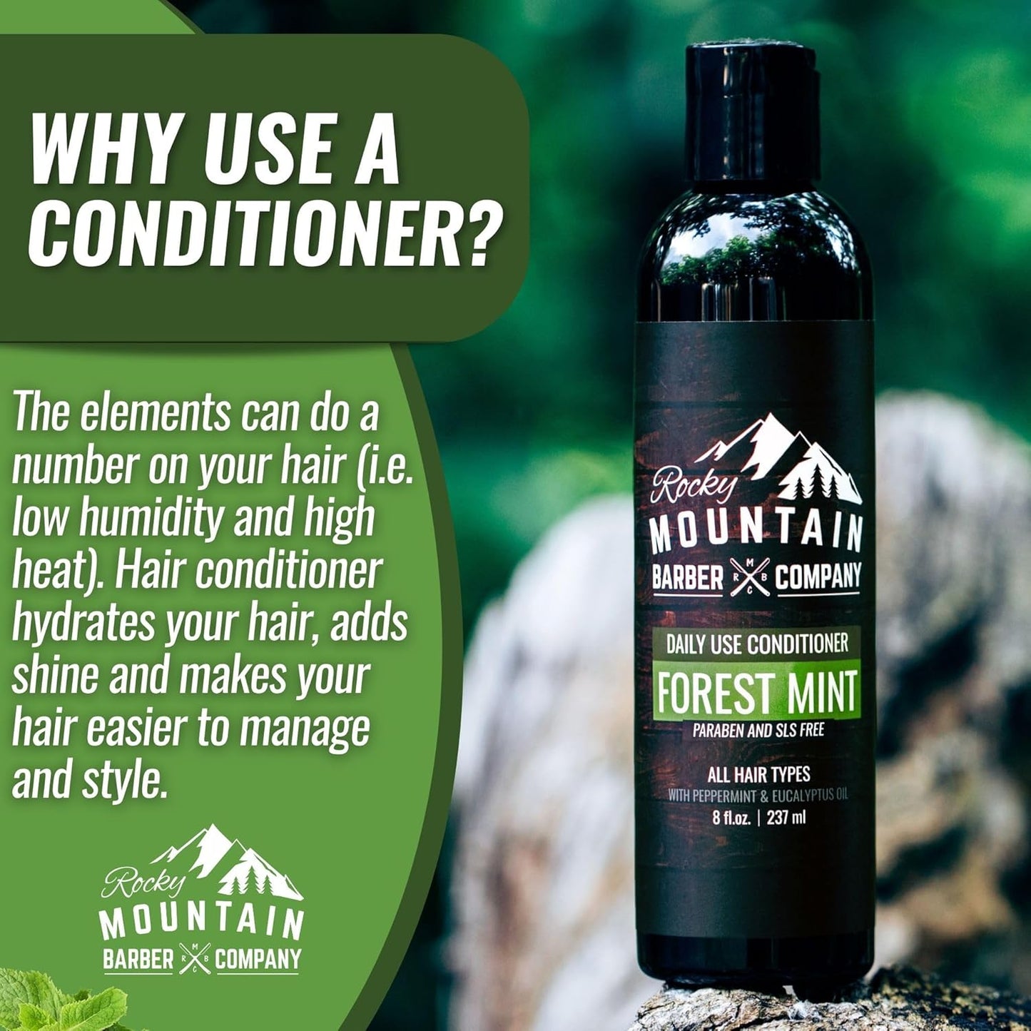 Rocky Mountain Barber Company Men's Conditioner - Tea Tree Oil, Peppermint & Eucalyptus for All Hair Types - 8oz