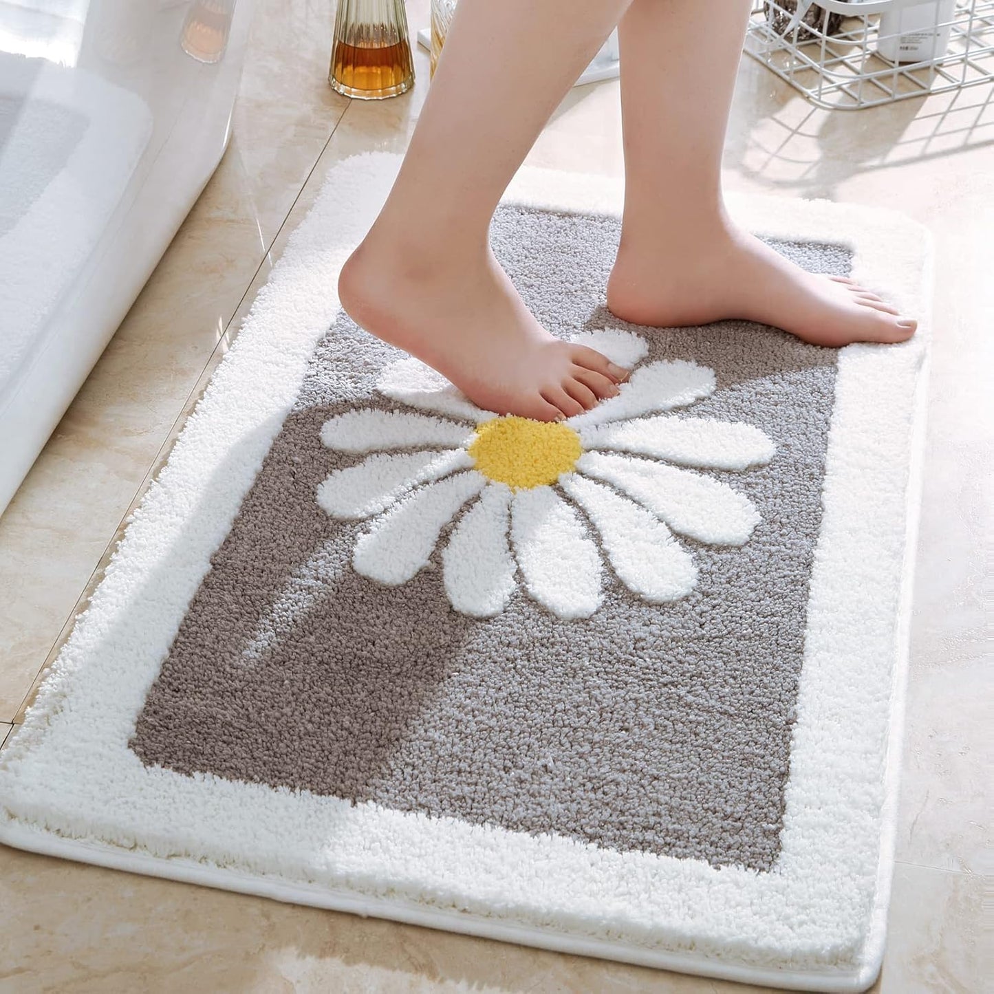 Bathroom Rugs Mat, White Flower Bath Rugs Fluffy Soft Superfine Fiber Non Slip Plush Machine Wash Bath Mat (16"×24", Gray)