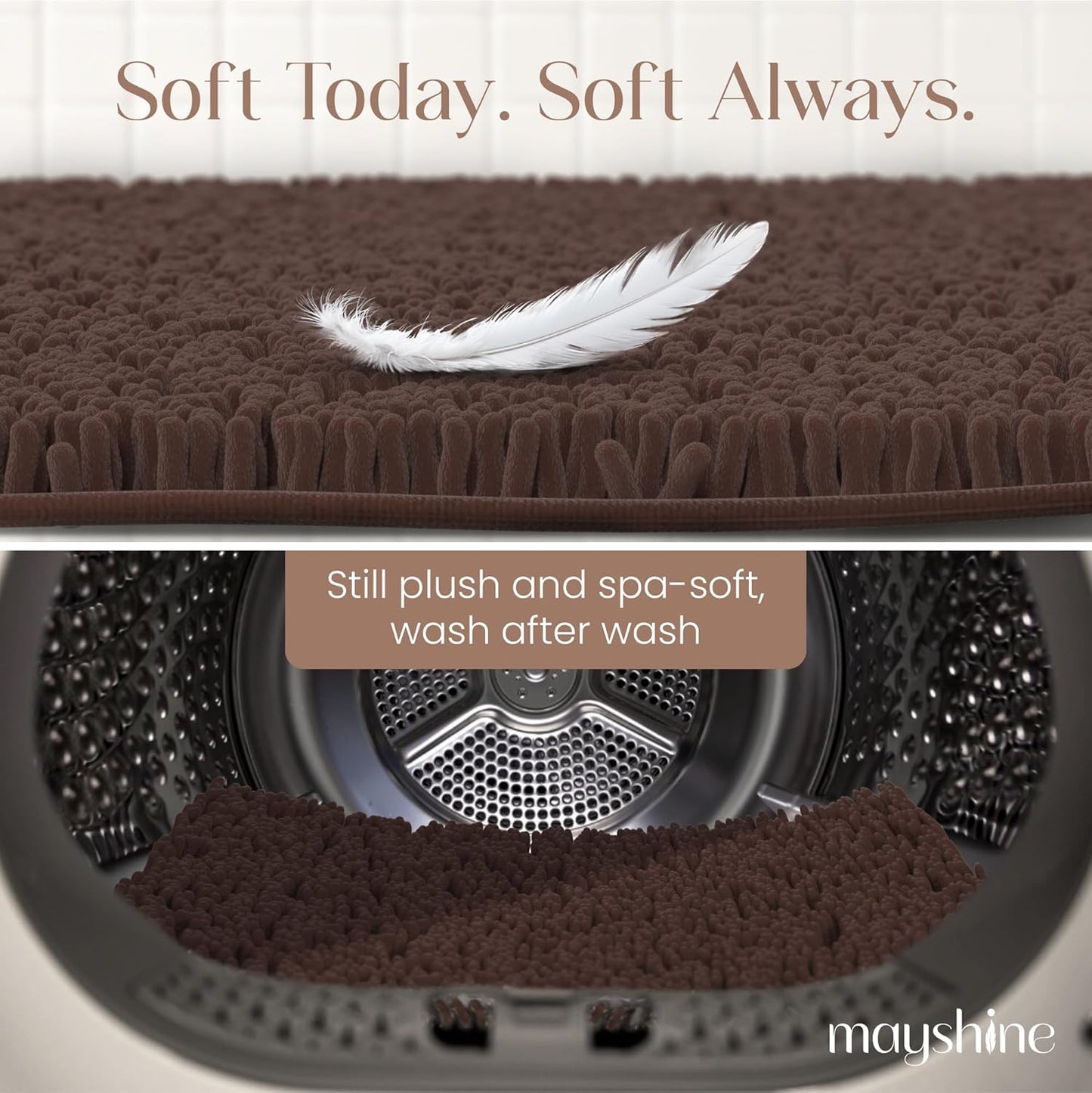 MAYSHINE Plush Shaggy Chenille Bath Mat | Extra Soft, Super Absorbent, Non-Slip Bathroom Rug | Fluffy Microfiber, Area Rug Sets for Bathroom Floor, Kitchen, Living Room | 59"x31" | Brown