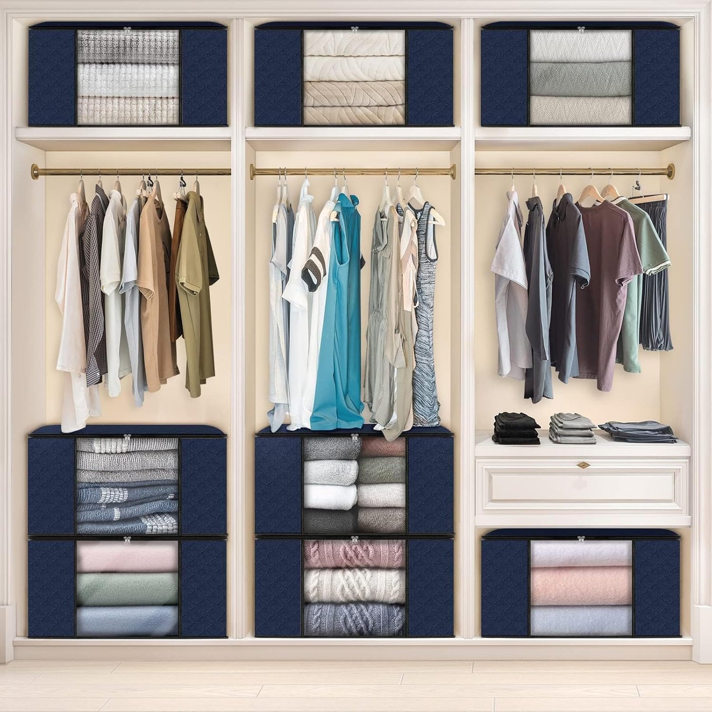 Fab totes 10 Pack Clothes Storage, Foldable Thick Fabric Blanket Storage Bags, Containers for Organizing Bedroom, Closet, Clothing, Comforter,Closet Organization with Handle,Blue