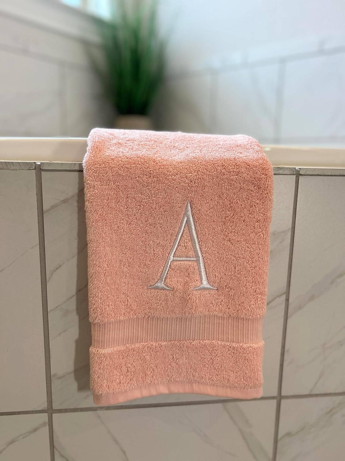 Pink Initial Hand Towel for Bathroom - Monogrammed Luxury Hotel Quality Decorative Embroidered Towel for Powder Room, Spa - GOTS Organic Certified - Set of 2 Letter W
