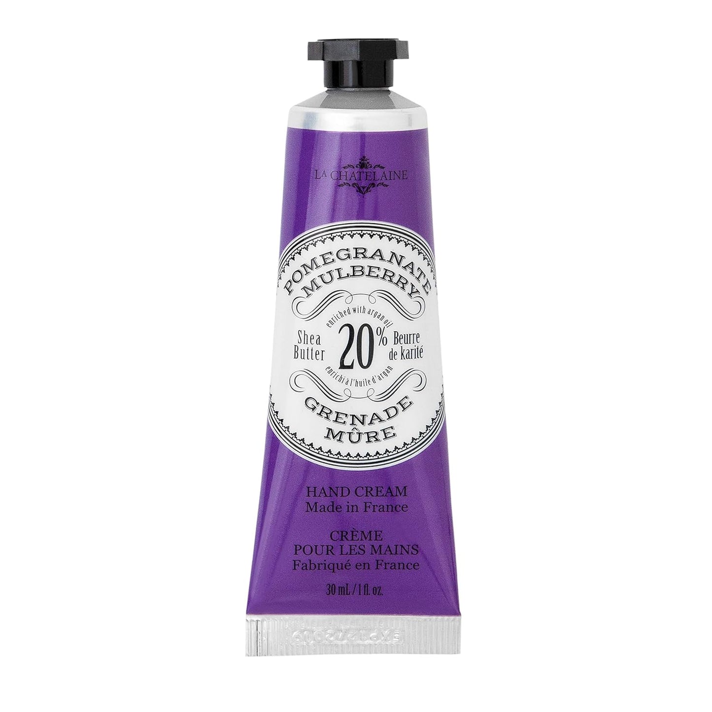 La Chatelaine 20% Shea Butter Hand Cream Travel Size, Organic Argan Oil, Moisturizing, Nourishing, Repairing, Extra-Rich Hand Lotion, Made in France, Paraben Free, 1 oz / 30ml (Pomegranate Mulberry)