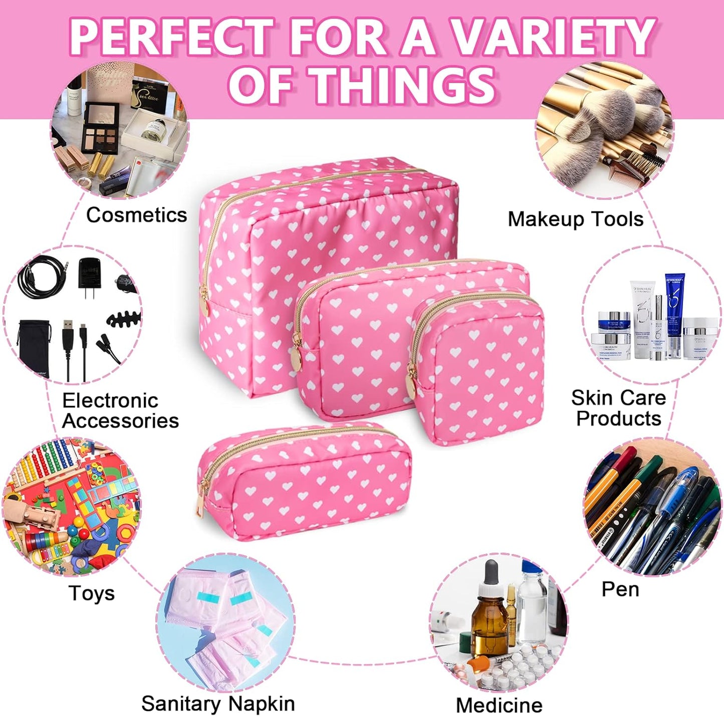 Small Makeup Pouch for Purse,Nylon Travel Toiletry Storage Cute Preppy Cosmetic Bag for Women Girls,Waterproof Makeup Organizer Pouch Skincare Purse with Zipper (Small-Pink Heart)