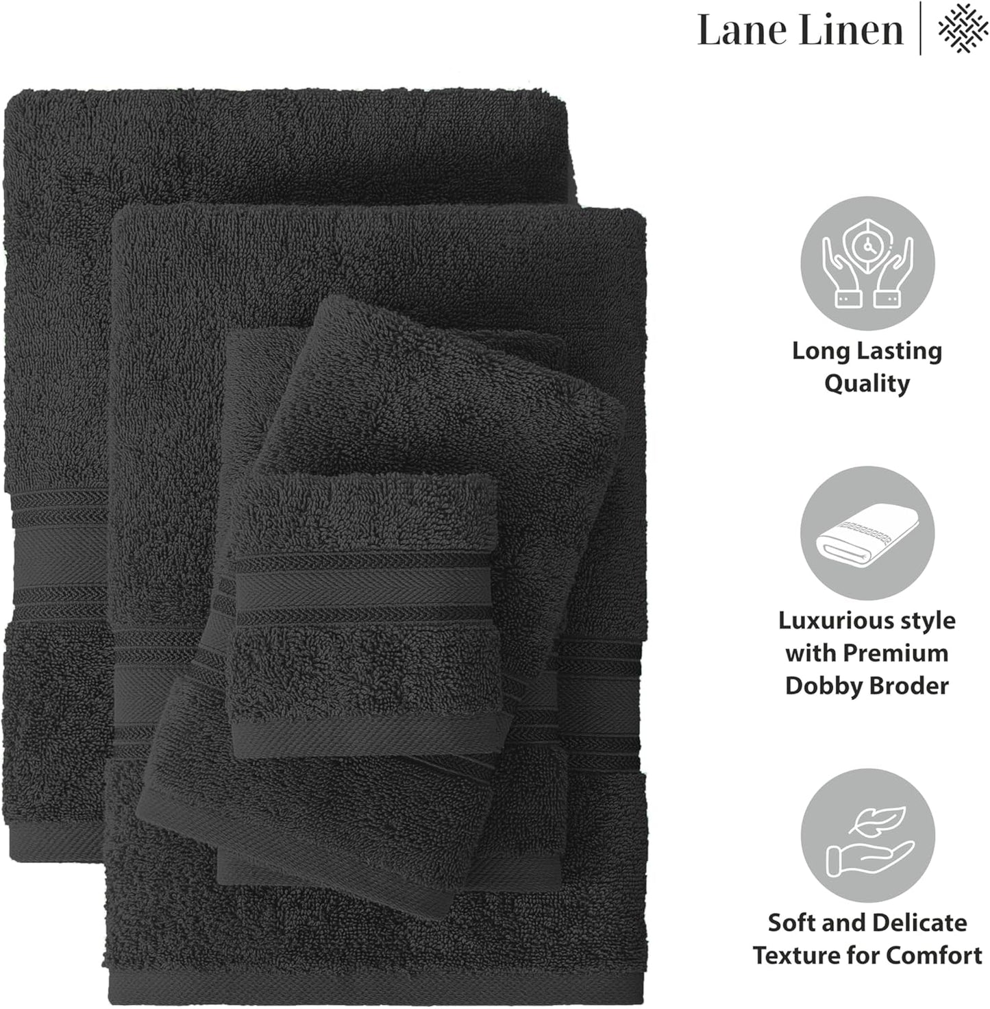 LANE LINEN Luxury Bath Towels Set - 12 Piece Set, 100% Cotton, Zero Twist, Quick Dry Shower Towel, Absorbent Towel, Super Soft, 4 Bath Towels, 4 Hand Towels, 4 Wash Cloths - Black