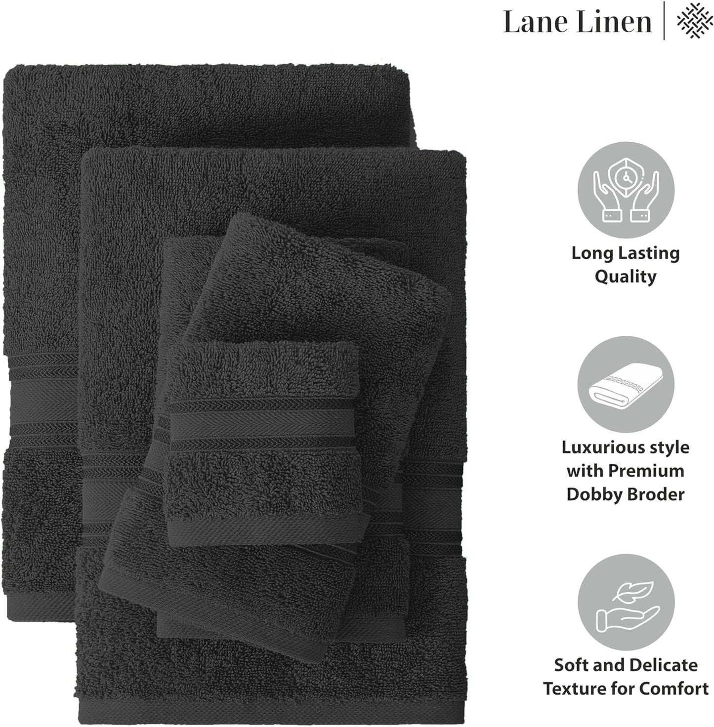 Lane Linen Luxury Bath Towels Set - 6 Piece Set, 100% Cotton Bathroom Towels, Zero Twist, Quick Dry Shower Towels, Absorbent Bath Towel, Super Soft, 2 Bath Towels, 2 Hand Towels, 2 Wash Cloths - Black