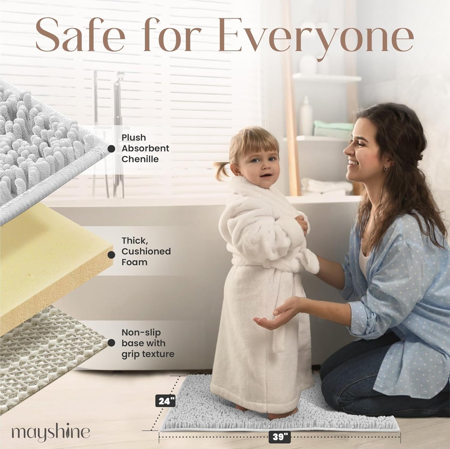 MAYSHINE Plush Shaggy Chenille Bath Mat | Extra Soft, Super Absorbent, Non-Slip Bathroom Rug | Fluffy Microfiber, Area Rug Sets for Bathroom Floor, Kitchen, Living Room | 39"x24" | White