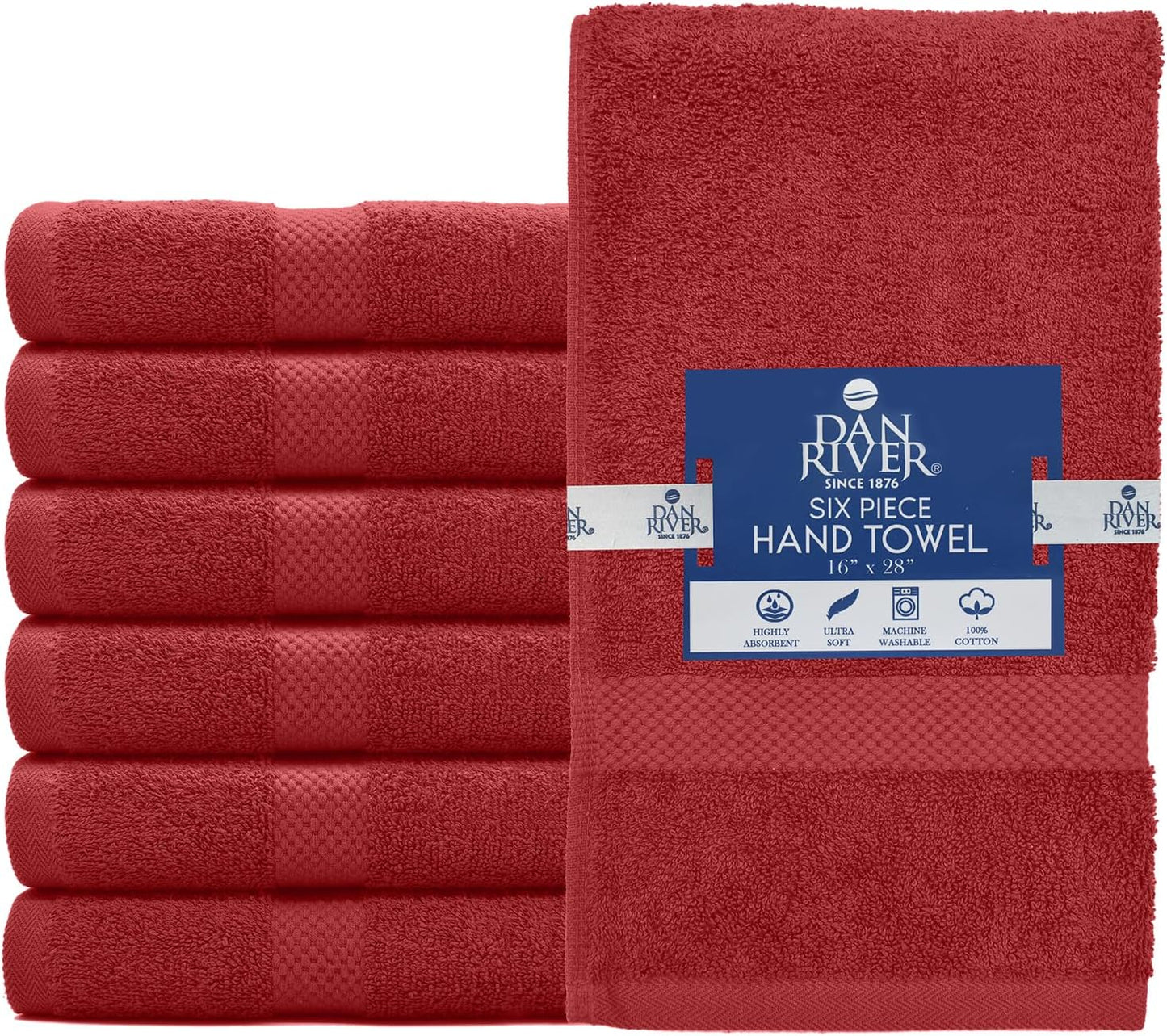 DAN RIVER 6-Pack Premium Hand Towels (16x28 Inches) - 100% Cotton, Ultra Soft, Lightweight, Highly Absorbent Towels for Bathroom, Spa, Gym, Salon, Hotel, and Travel - 550 GSM โ Red