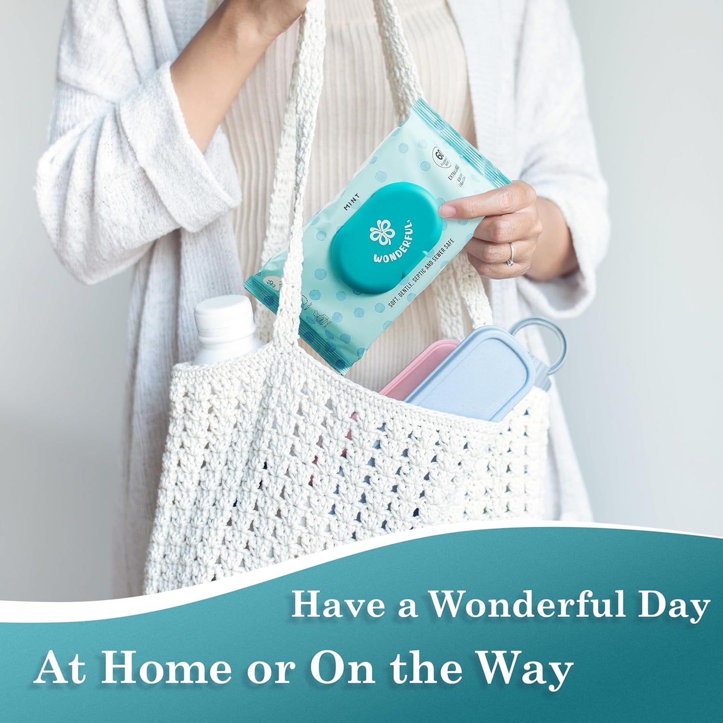 WONDERFUL Flushable Butt Wipes, Mint 100% Plant-Based Wet Wipes for Adults & Kids, Sewer & Septic Safe, Gentle for Sensitive Skin, Wipes Flushable Pack for Bathroom & Travel, 1-Pack (60 Wipes)