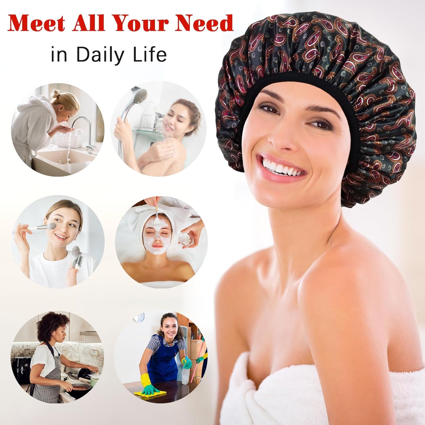 Shower Cap Reusable Waterproof, Terry Lined Shower Caps for Women, Triple Layer Hair Cap for Shower, Large Plastic Shower Cap for Braids Long Hair