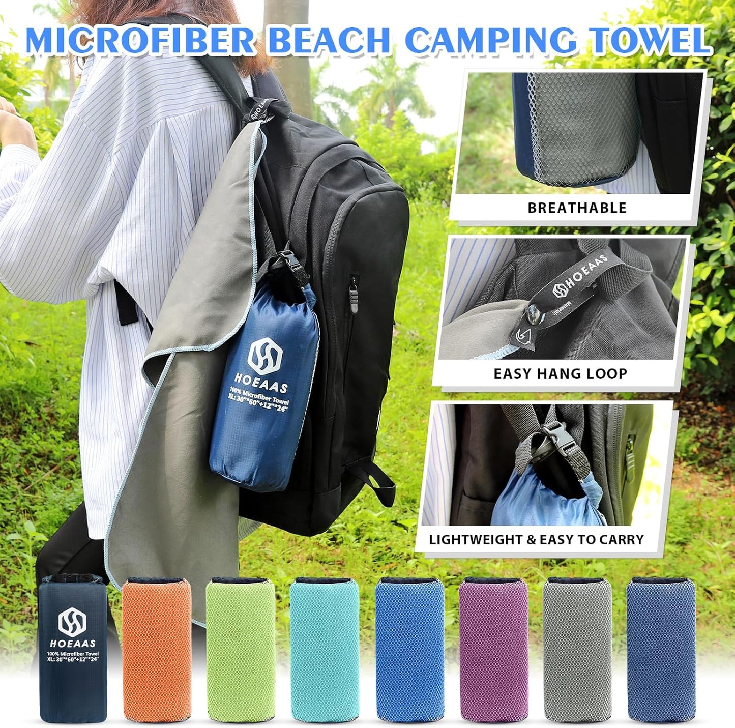 HOEAAS 2 Pack Microfiber Camping Towels, Quick Dry Towel, Super Absorbent Ultra Compact Travel Towel Soft Lightweight Sports Towel for Sweat Fast Drying Towels for Pool,Gym,Hiking,Backpacking,Fitness