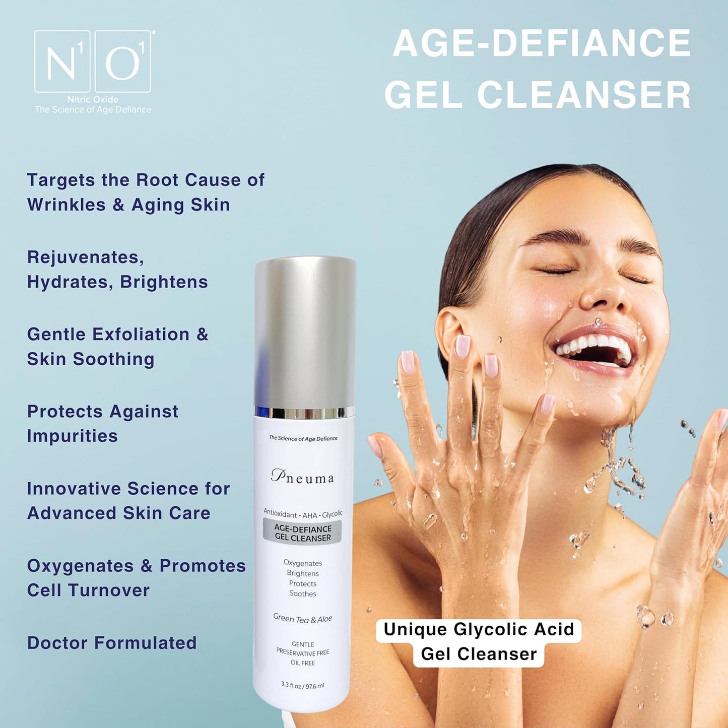 Pneuma Age-Defiance Gel Cleanser with Antioxidant | AHA | Glycolic | Oxygenate, Exfoliate, Protect and Soothes Skin | Gentle Face Cleanser Gel | Green Tea and Aloe
