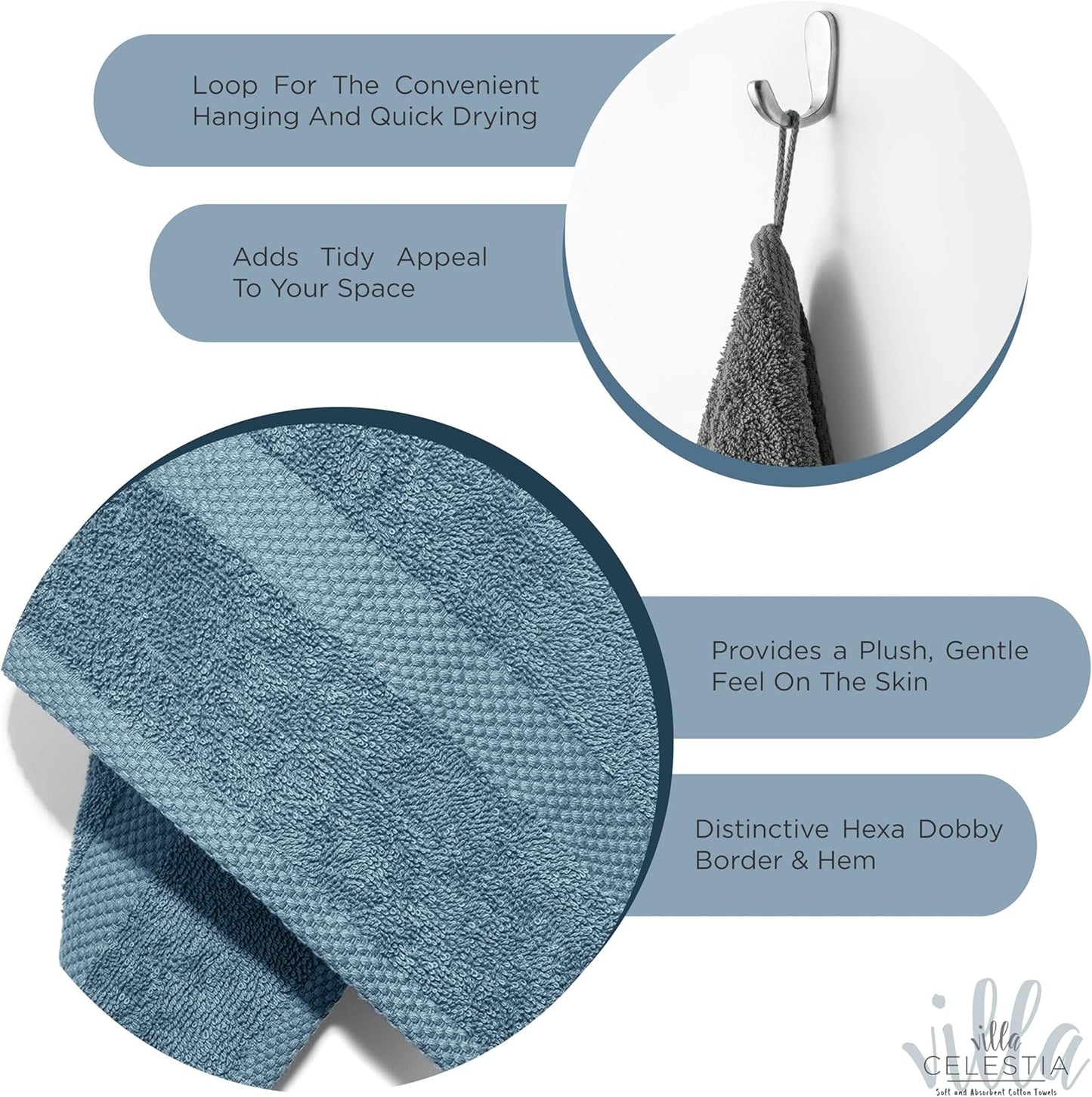 100% Cotton Bath Towel Set of 18-4 Bath Towels, 6 Hand Towels, 8 Wash Cloths, Sustainable, Soft, Highly Absorbent, Combed Cotton 18 Piece Set for Hotels, Spa, Bathroom, Dorm, Blue