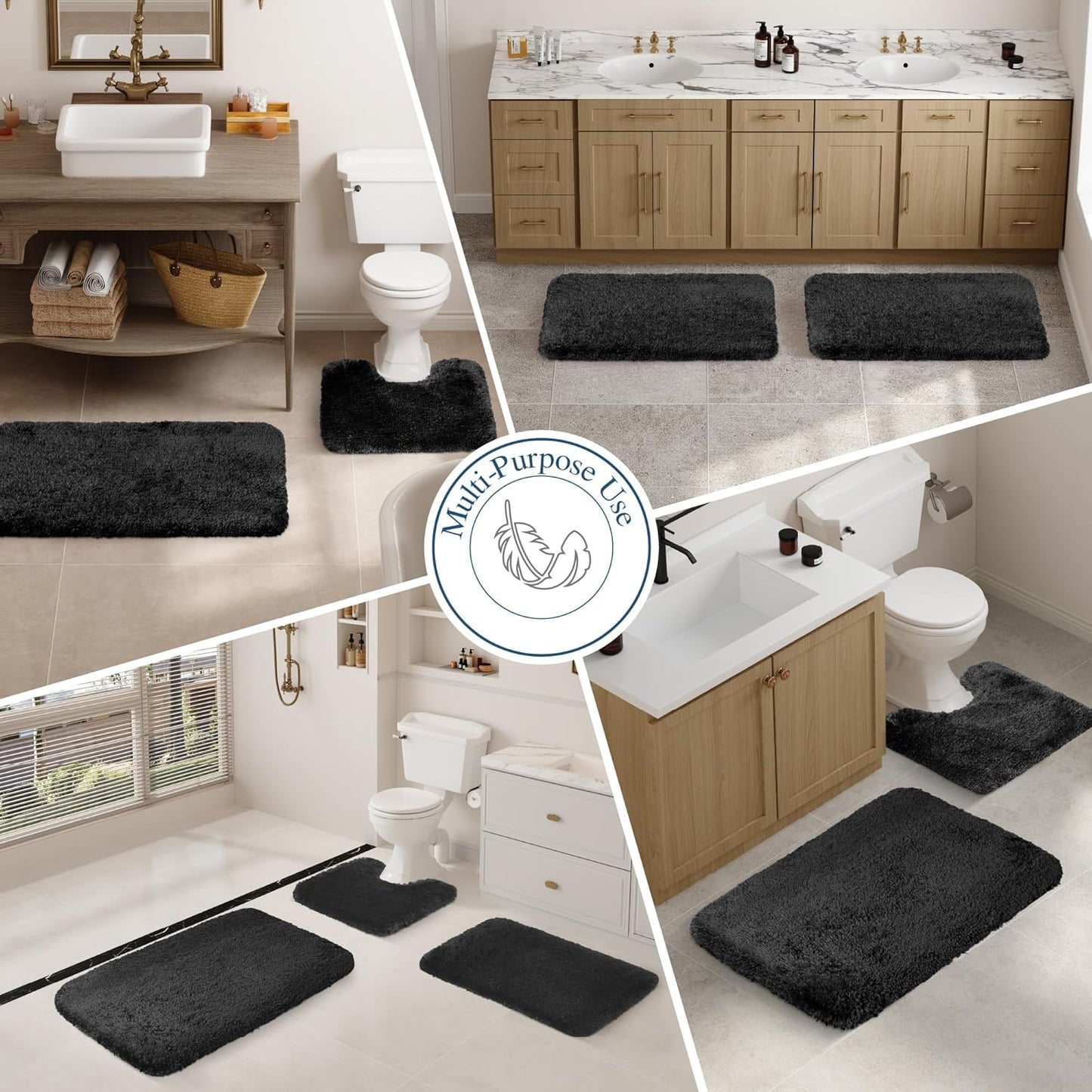 Walensee Bath Mat, High Pile Microfiber Bathroom Rug, Non-Slip, 16 x 24, Black