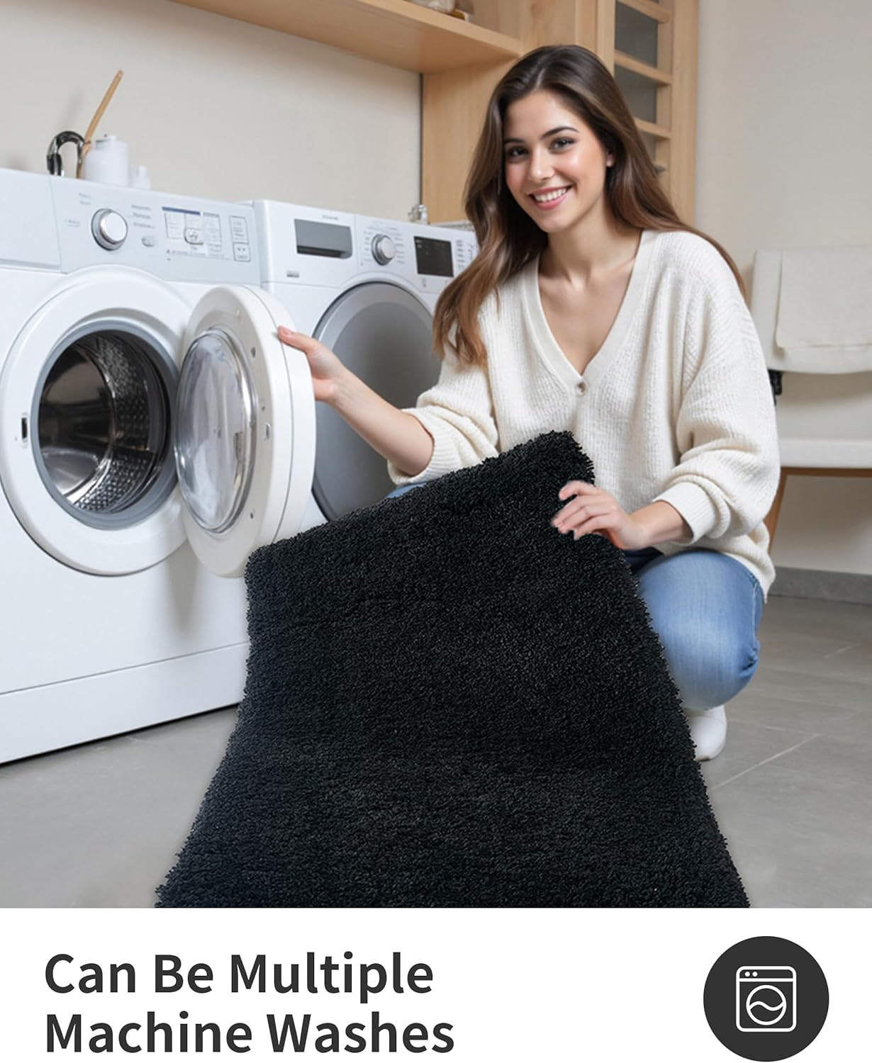 ILANGO Black Bathroom Rugs 48" × 24" Non Slip & Super Absorbent Extra Thick Soft, Washable Bath Mat for Floor, Microfiber Plush Shaggy Bath Rug with Rubber for Bathtub Shower Room Sink