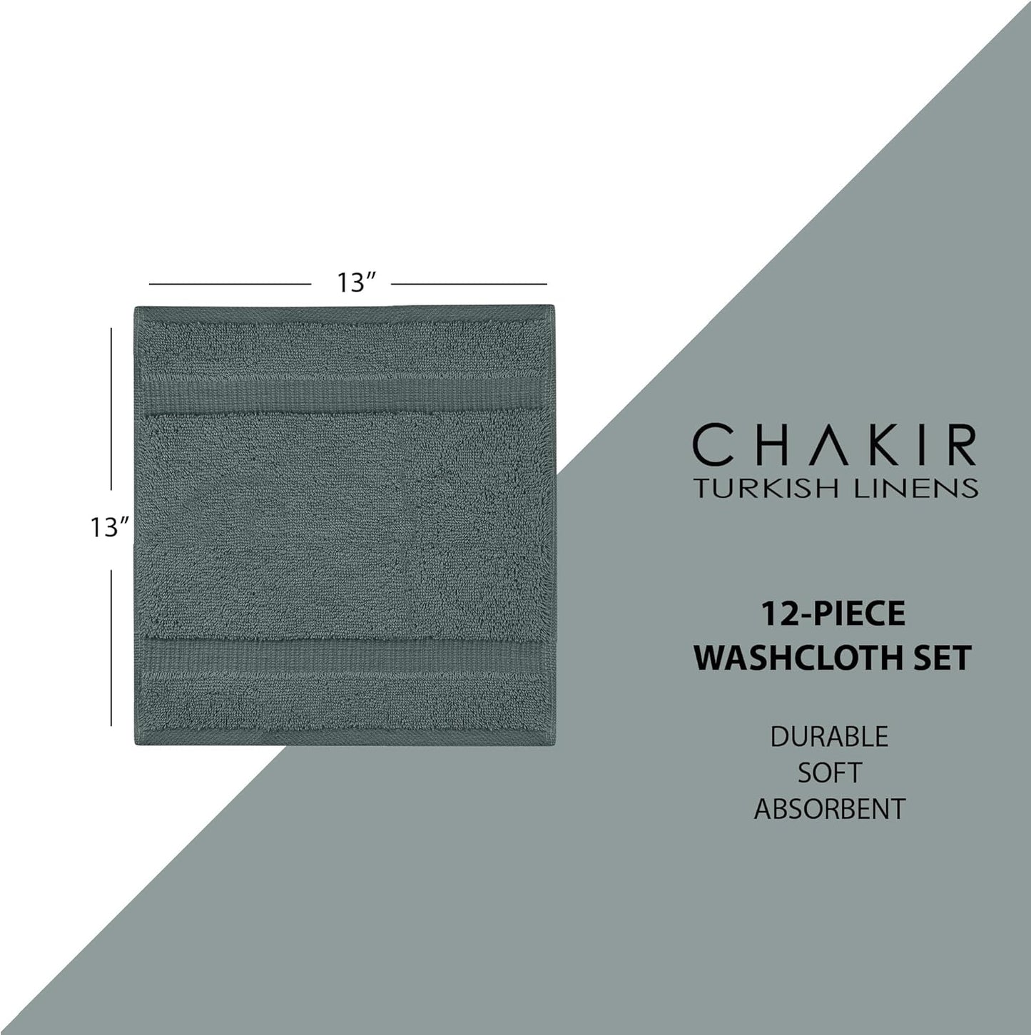 Chakir Turkish Linens | Hotel & Spa Quality 100% Cotton Premium Turkish Towels | Soft & Absorbent (12-Piece Washcloths, Dark Gray)