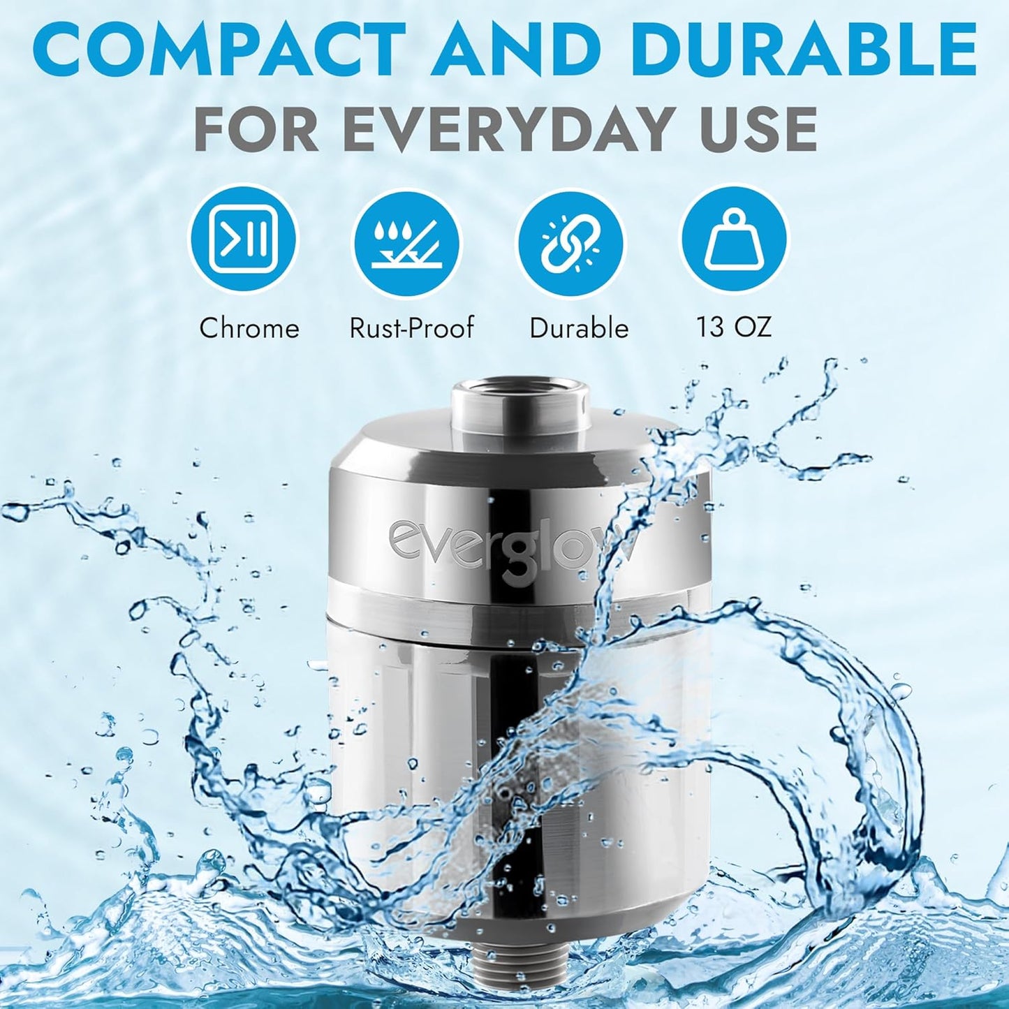 EVERGLOW High-Output Shower Filter, 100% Removes Chlorine, Moisturizes Dry Itchy Skin, Skin and Hair, Helps with Dandruff, Eczema and Vitamin C Infused and Water Softener, 4.7โ - Chrome