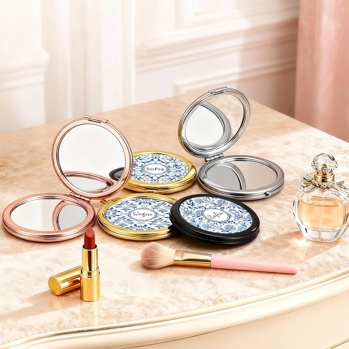 Custom Compact Mirror with Name - Personalized Flip Makeup Travel Pocket Mirror Gift for Women Bridesmaids Wedding Birthday (Blue Flower Line)