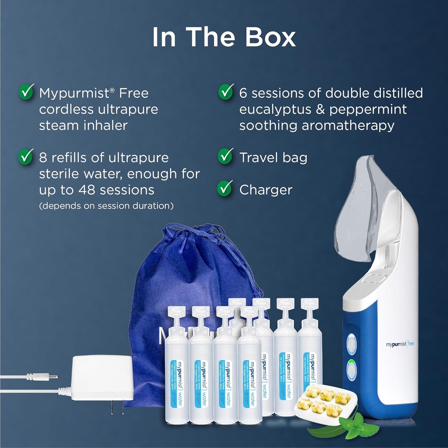 Mypurmist Free Ultrapure Cordless Steam Inhaler - Handheld Personal & Battery-Powered Steamer, Vaporizer & Humidifier for Sinus Relief, Nasal Congestion, Cold & Cough, Vocal Care