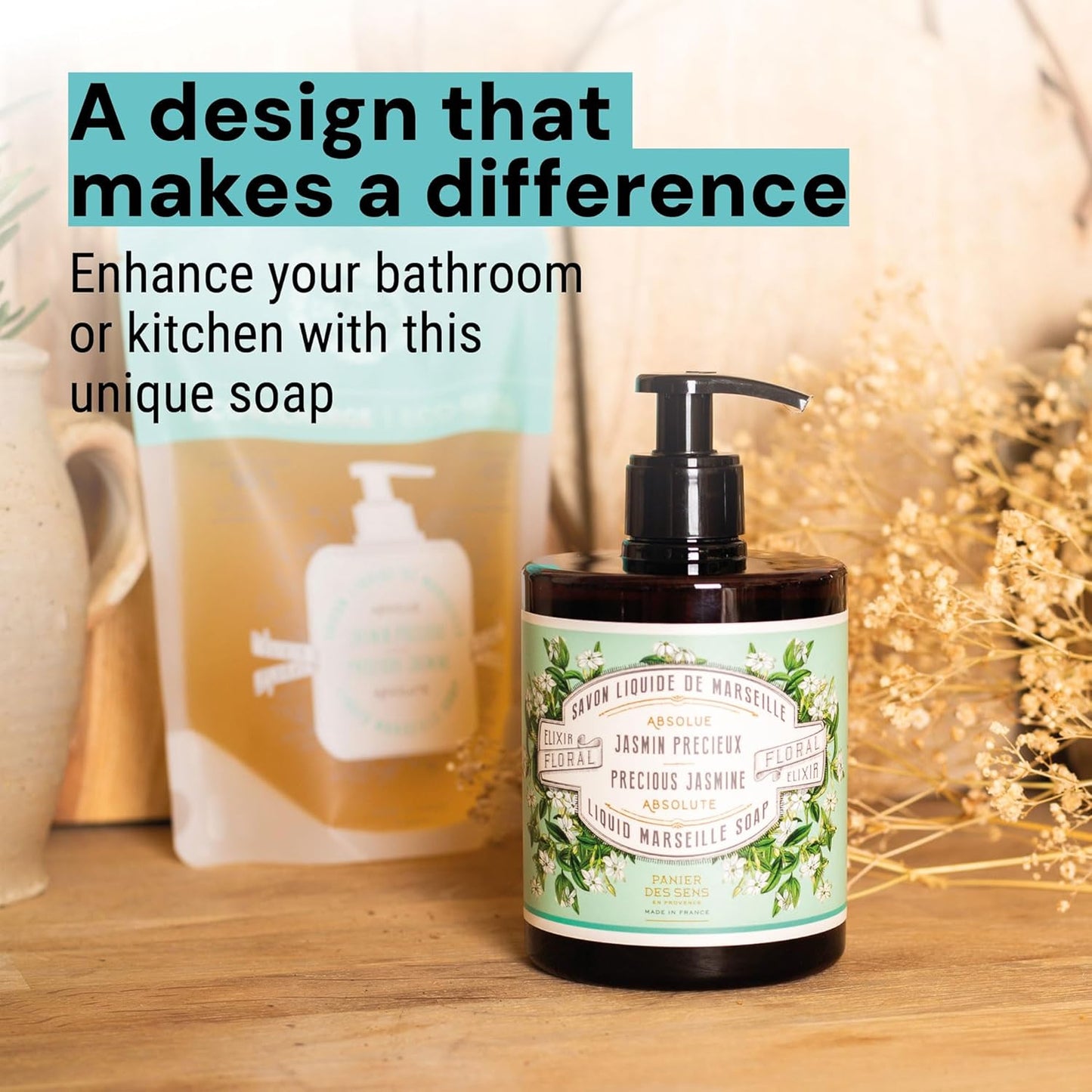 Panier des Sens - Moisturizing Hand Soap - Jasmine Floral Fragrance - French Traditional Savon de Marseille Soap - Refillable Kitchen & Bathroom Soap - 16.9 Fl.oz Liquid Hand Wash 96% Natural