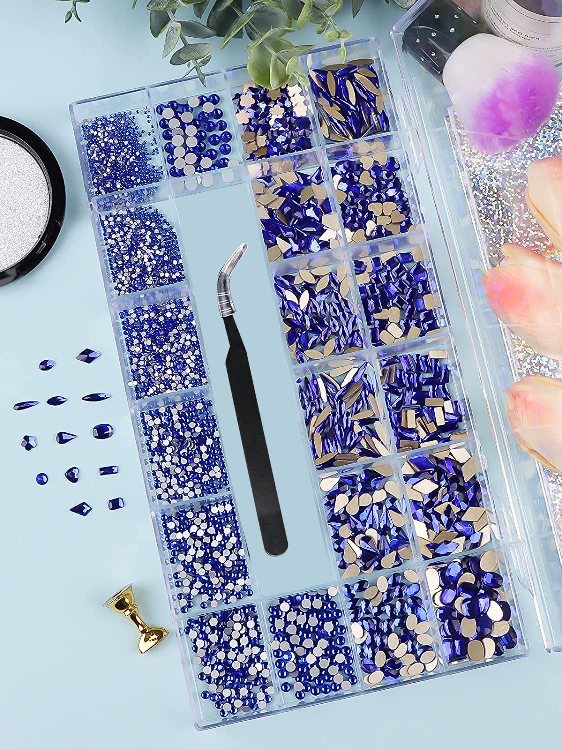 3100Pcs Nail Gems Rhinestones EBANKU Blue Nail Art Crystal Rhinestones Kit for Nails Mixed Shape Nail Jewels Beads with Rhinestone Picker Dotting Pen Tweezers