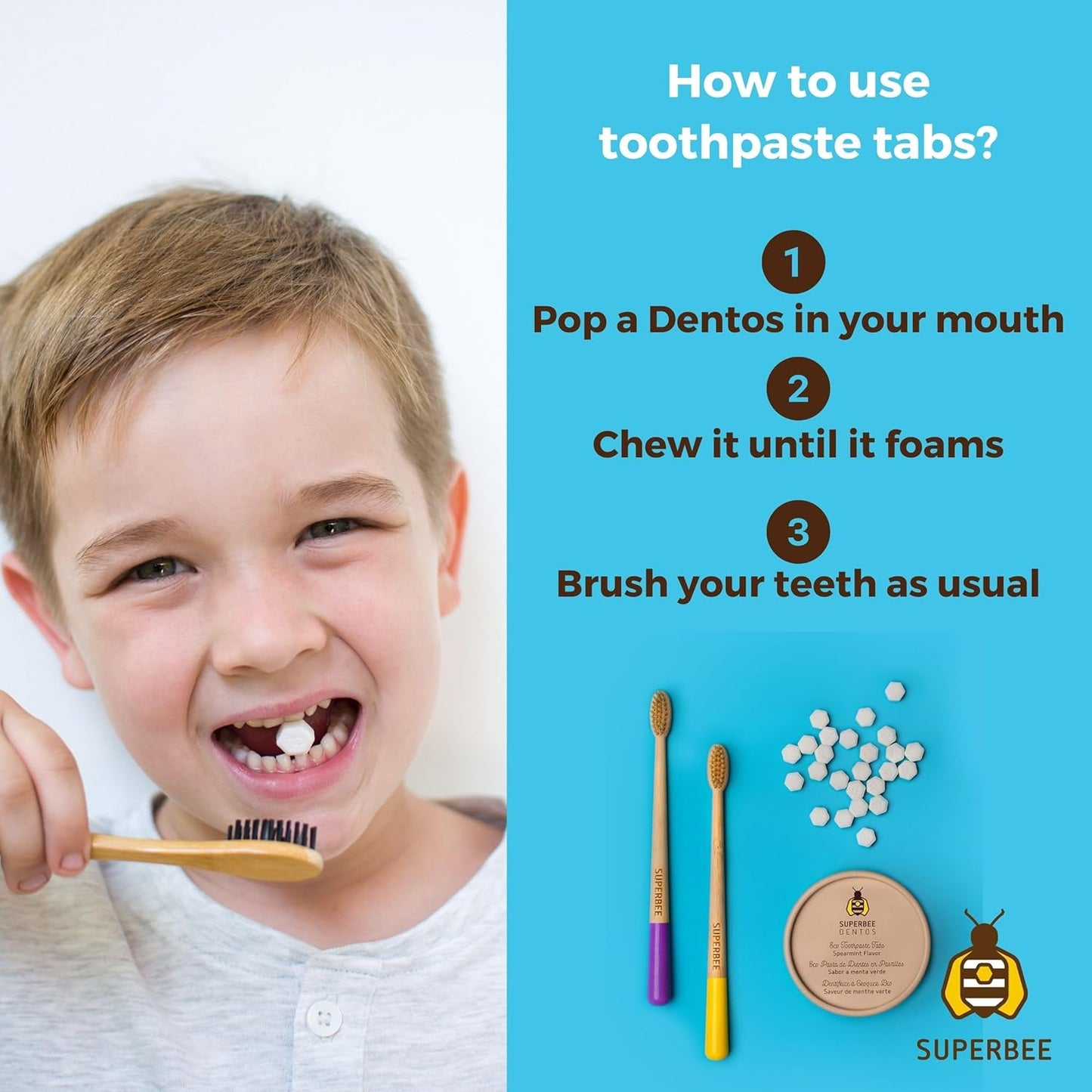 SuperBee Dentos Toothpaste Tablets, 500 Tabs, Fluoride Free & Eco Friendly, Travel Mouthwash Tablets, Sensitive Bites for Kids and Adults, Chewable Tablet, Spearmint