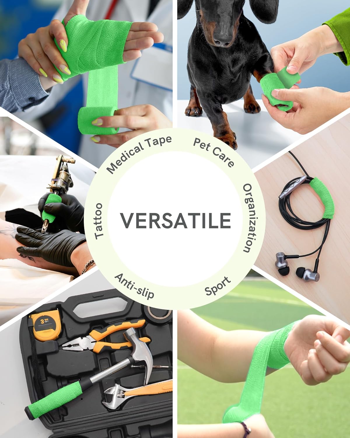 FriCARE Self Adhesive Bandage Wrap, Medical Tape in First Aid Kit, Cohesive Bandages for Wounds Sport Vet, FSA/HSA Eligible, 2 Inches X 5 Yards 6 Rolls, Fluorescent Green