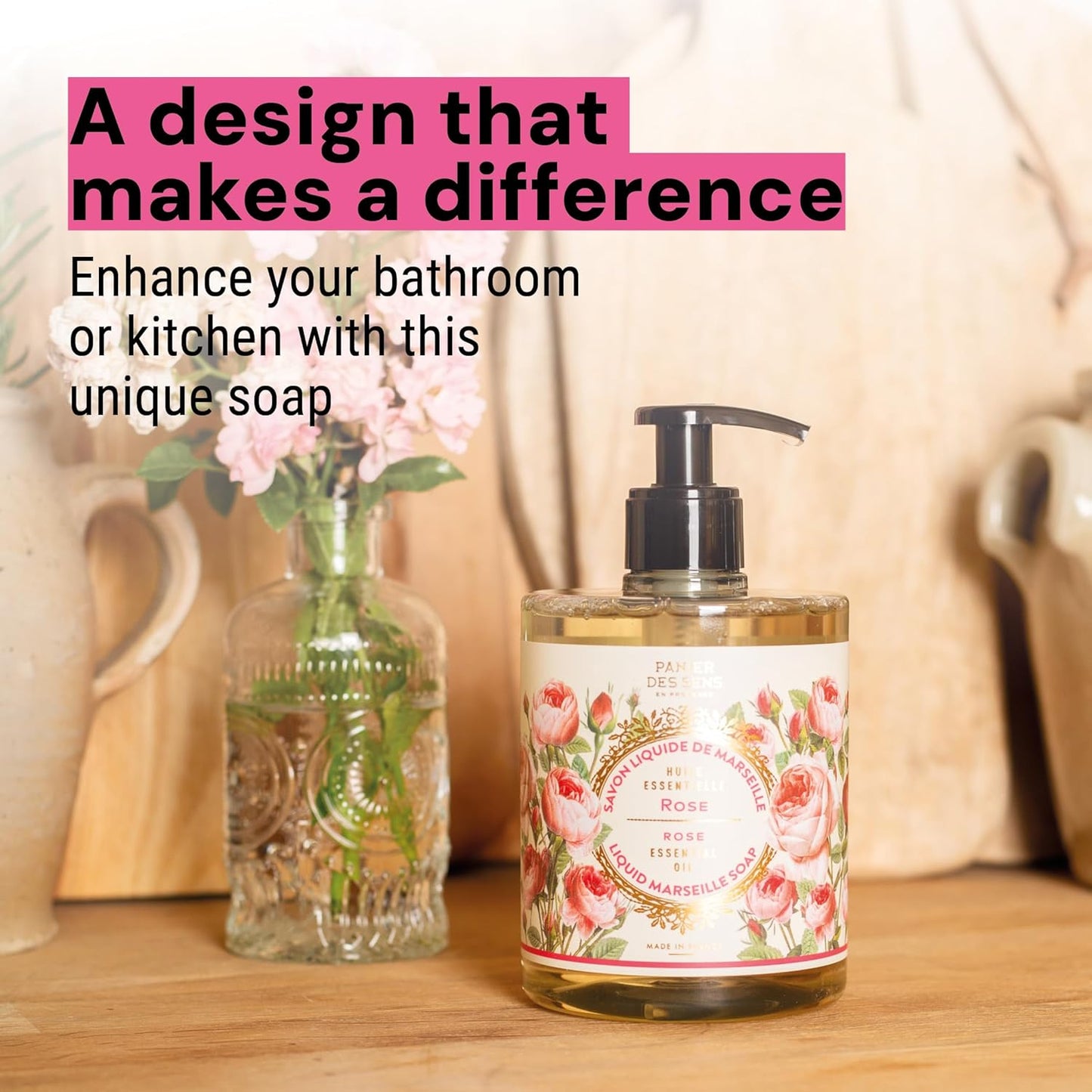 Panier des Sens Moisturizing Hand Soap - Rose Floral, Feminine Fragrance - French Traditional Savon de Marseille Soap - Refillable Kitchen & Bathroom Soap - 16.9 Fl.oz Liquid Hand Wash 97% Natural