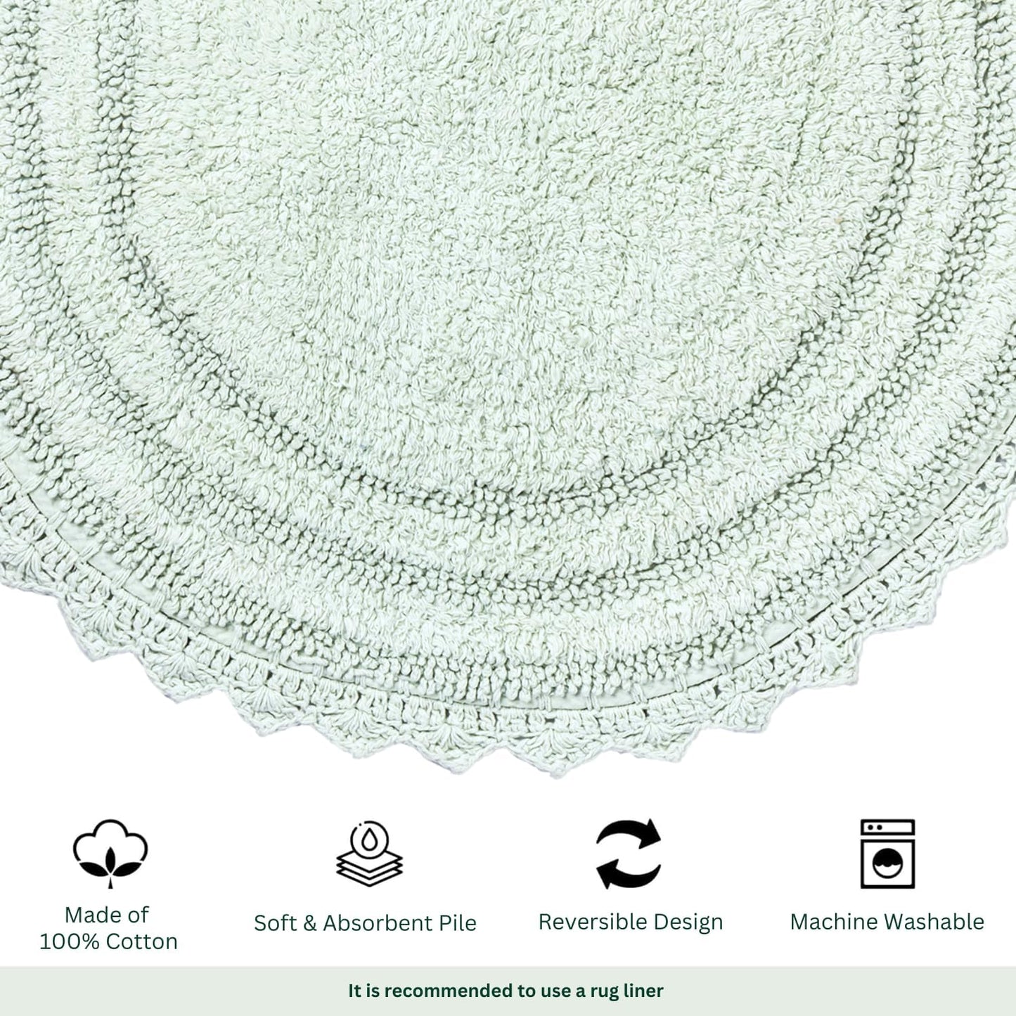 RAJRANG Meadow Mist Green Round Bath Mat – 24 Inch Cotton Crochet Rug with Lace Trim, Soft Absorbent Reversible Mat for Bathroom, Spa and Kitchen