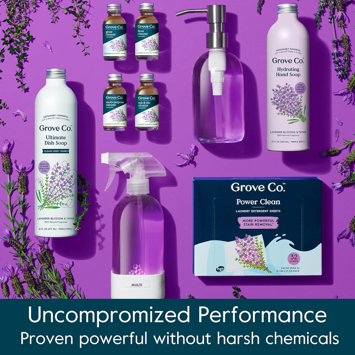 Grove Co. Foaming Hand Soap Concentrate (12 Fl Oz) + Reuseable Glass Soap Dispenser, Plastic Free and Liquid Refillable Starter Kit, Natural Lavender Blossom & Thyme Fragrance