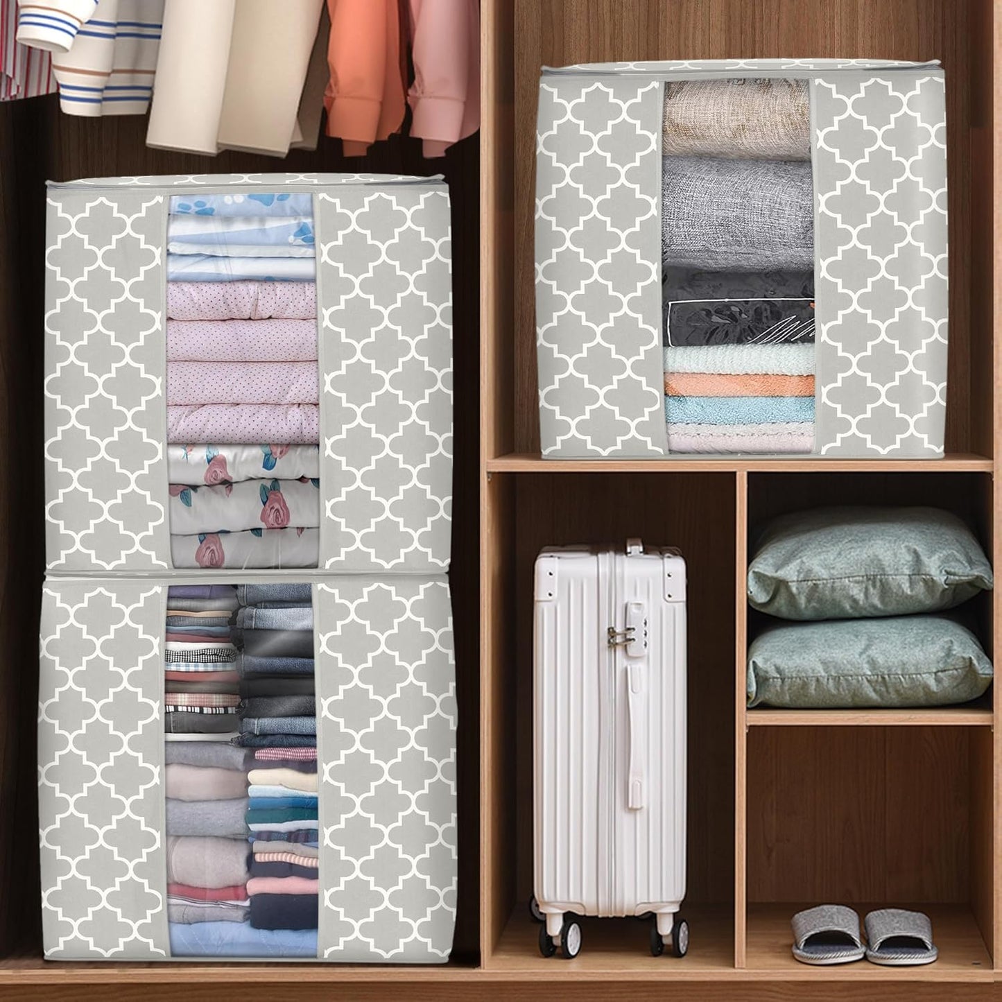 WISELIFE Storage Bags 4 Pack/100L Large Blanket Clothes Organization and Storage Containers for Comforters,Bedding, Foldable Organizer with Reinforced Handle, Clear Window, Sturdy Zippers,Lvory