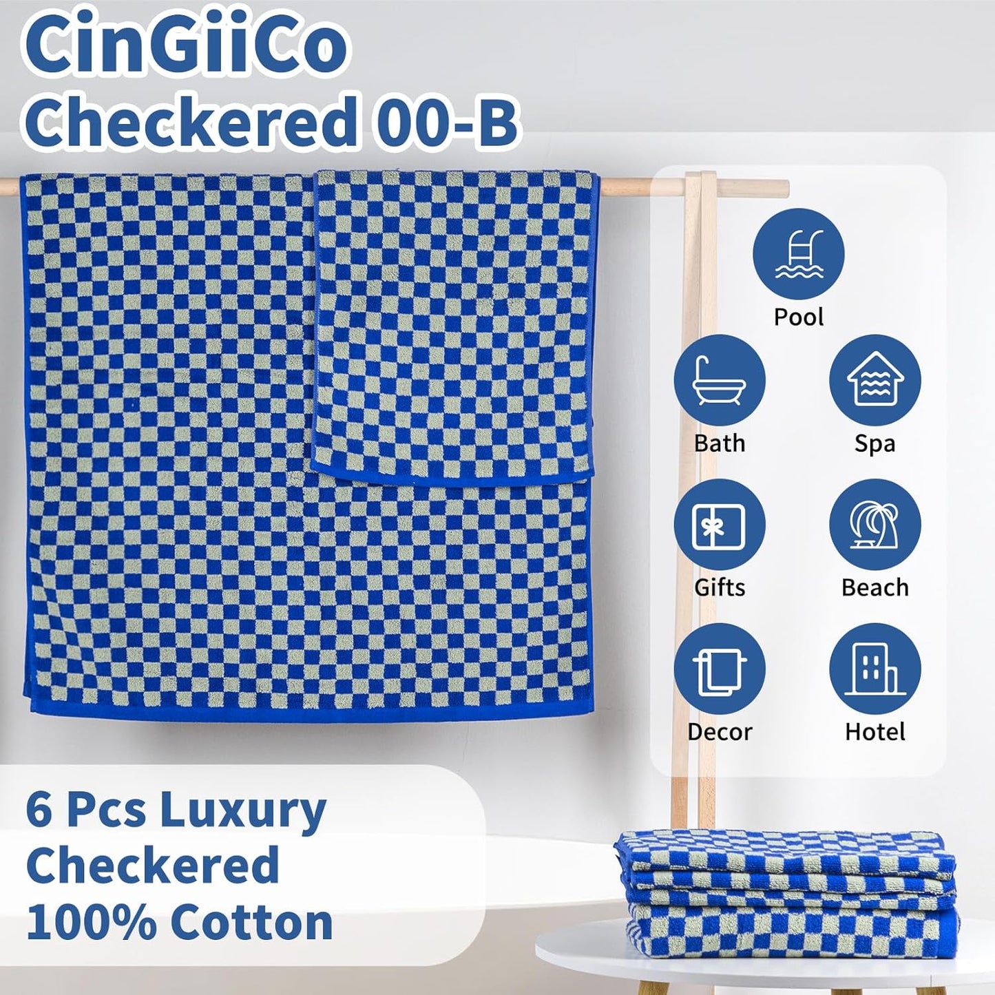 Checkered Bath Towels Set of 6 Large, 520GSM, 100% Cotton Shower Towels * 2 (55.12"*27.56"), Hand Towels * 4 (29.52"*13.77"),Towels for Bathroom、Pool、Hotel, Spa, Soft Absorbent(Midnight Blue