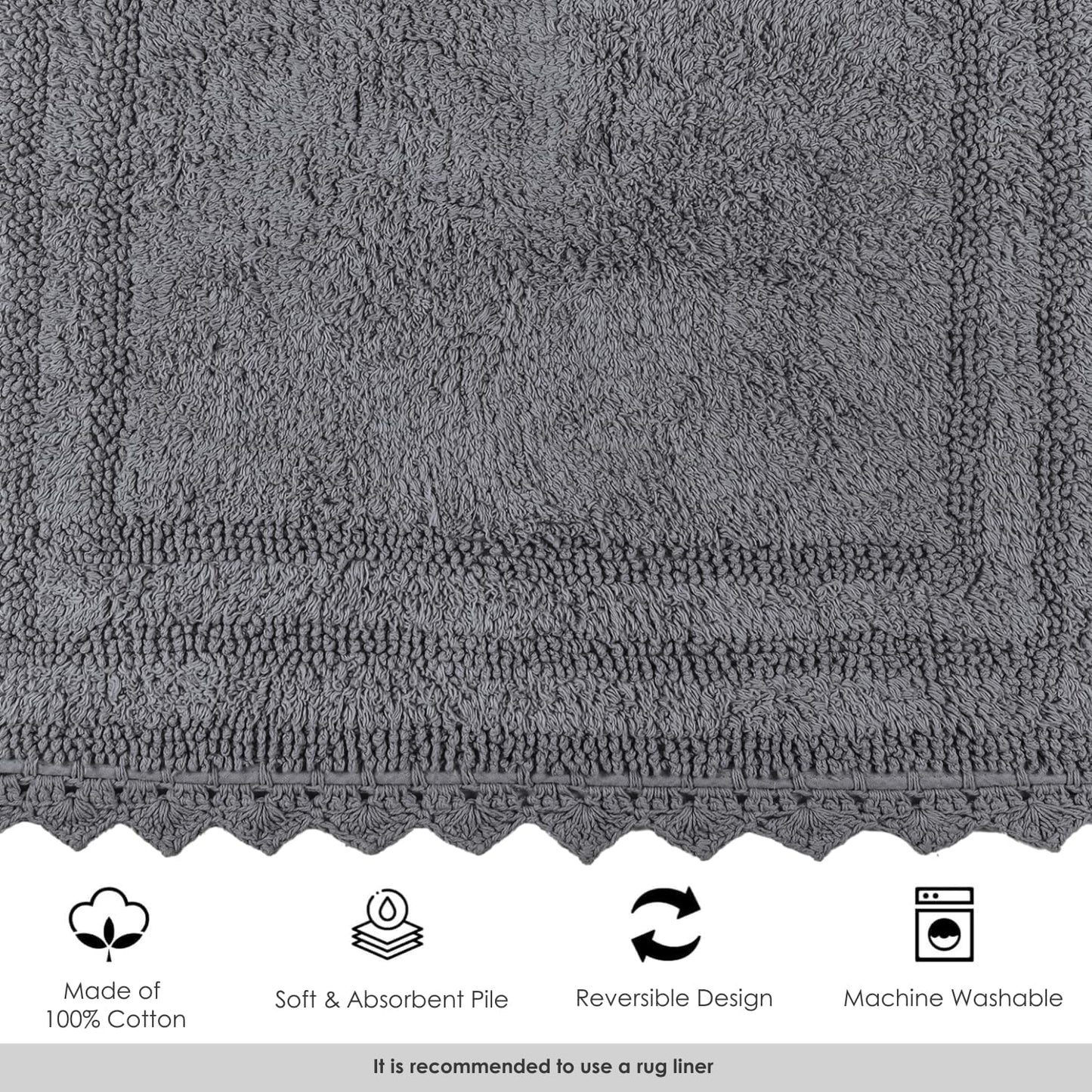 RAJRANG Titanium Grey Square Cotton Bath Mat – 24 Inch Crochet Pattern Bathroom Rug, Absorbent and Reversible Soft Mat for Daily Use in Vanity, Spa, Kitchen, or Entryway Decor