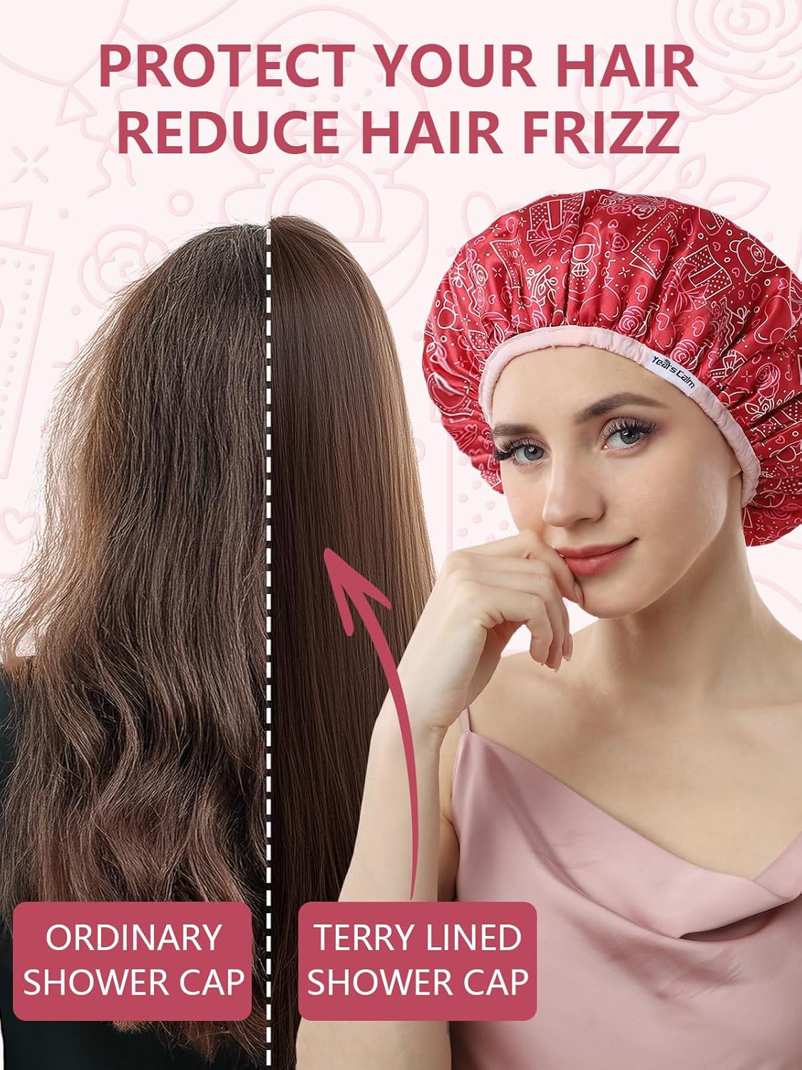 Years calm Terry Lined Shower Cap, Triple Layer Heart Motifs,Waterproof Reusable Elastic,Hair Shower Cap for Women,Terry Cloth Shower Caps for Spa,Clean,Trave (Red, One Size)