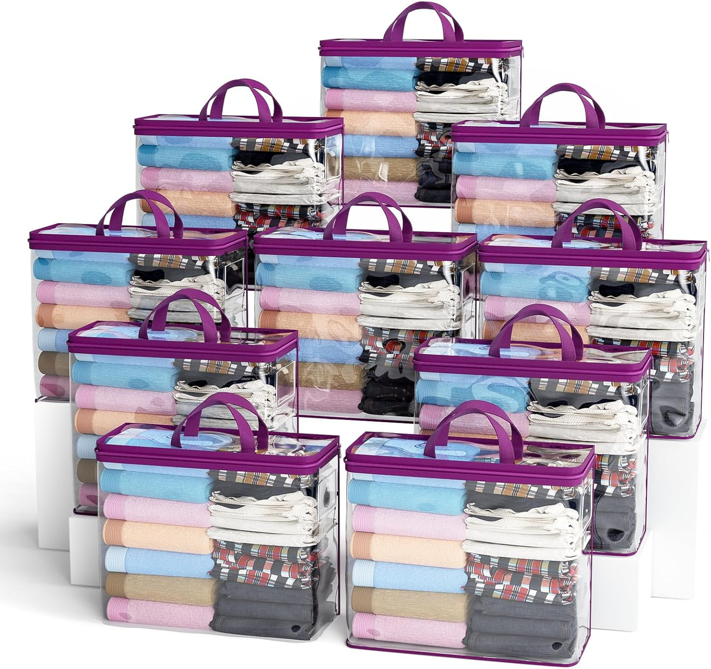 10PACK Clear Zippered Storage Bags for Clothes, 22L Clear Storage Bag, and Blanket Storage Bags for Bedding, Linen, Blankets, Comforters, Clothing & Toys (Purple)