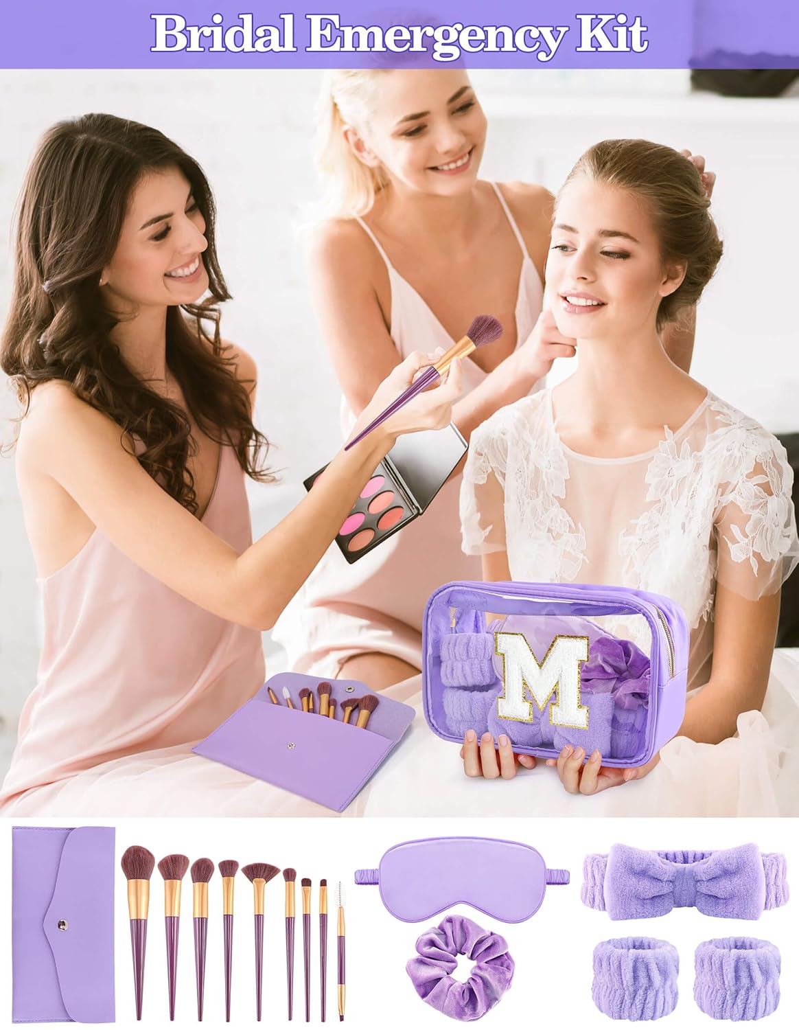 Gift Sets for Women, Initial Makeup Bag with Makeup Brush Set Bachelorette Party Favors, Purple Spa Kit with Skincare Headbands Wrist Bands Sleepover Party Supplies Gifts for Teen Girls Bridesmaid M