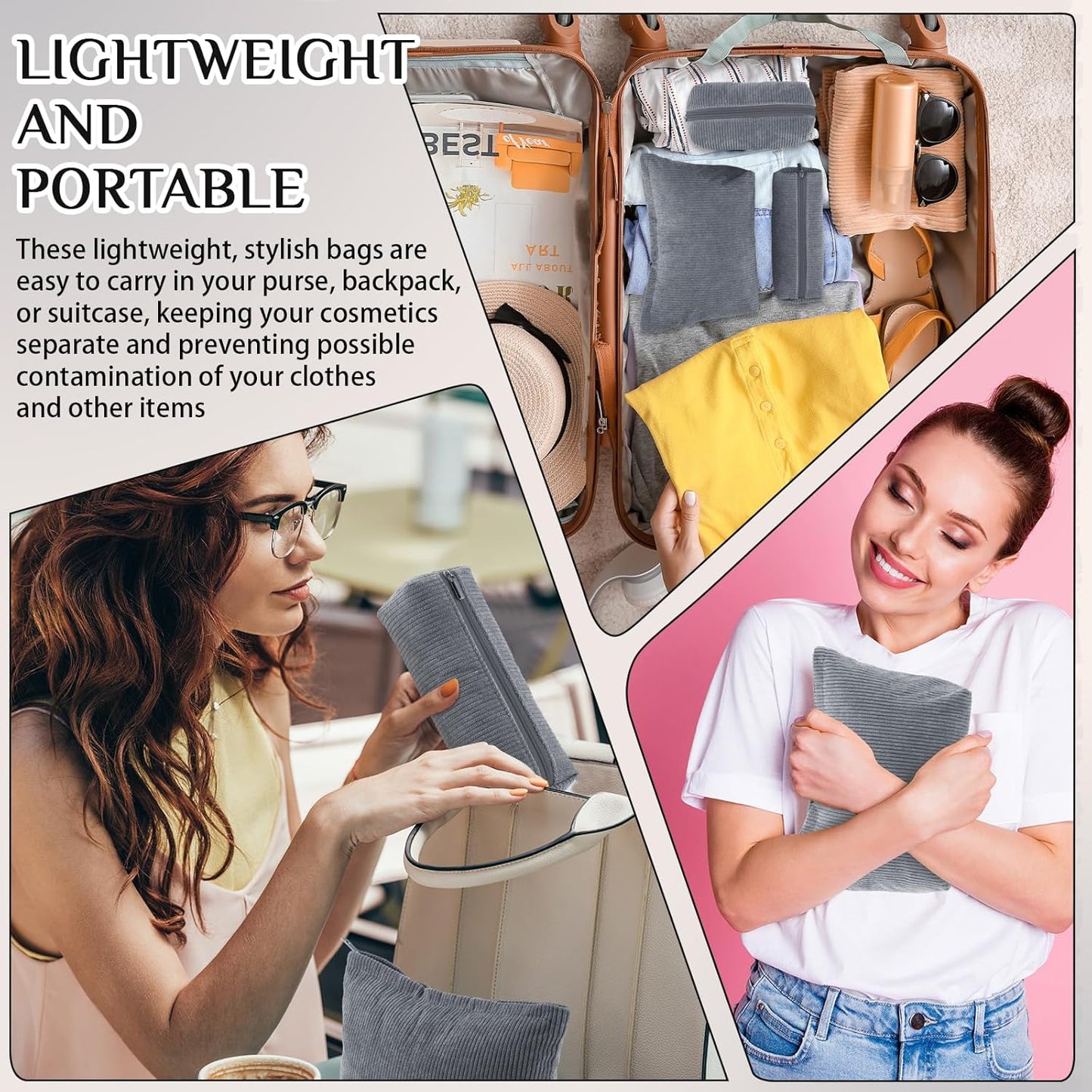 3 Pcs Makeup Bag Set for Women Corduroy Cosmetic Pouch Aesthetic Smile Travel Toiletry Bag Cute Purse Pouch Pencil Case Makeup Brushes Storage Organizer for Christmas(Gray,Solid Style)