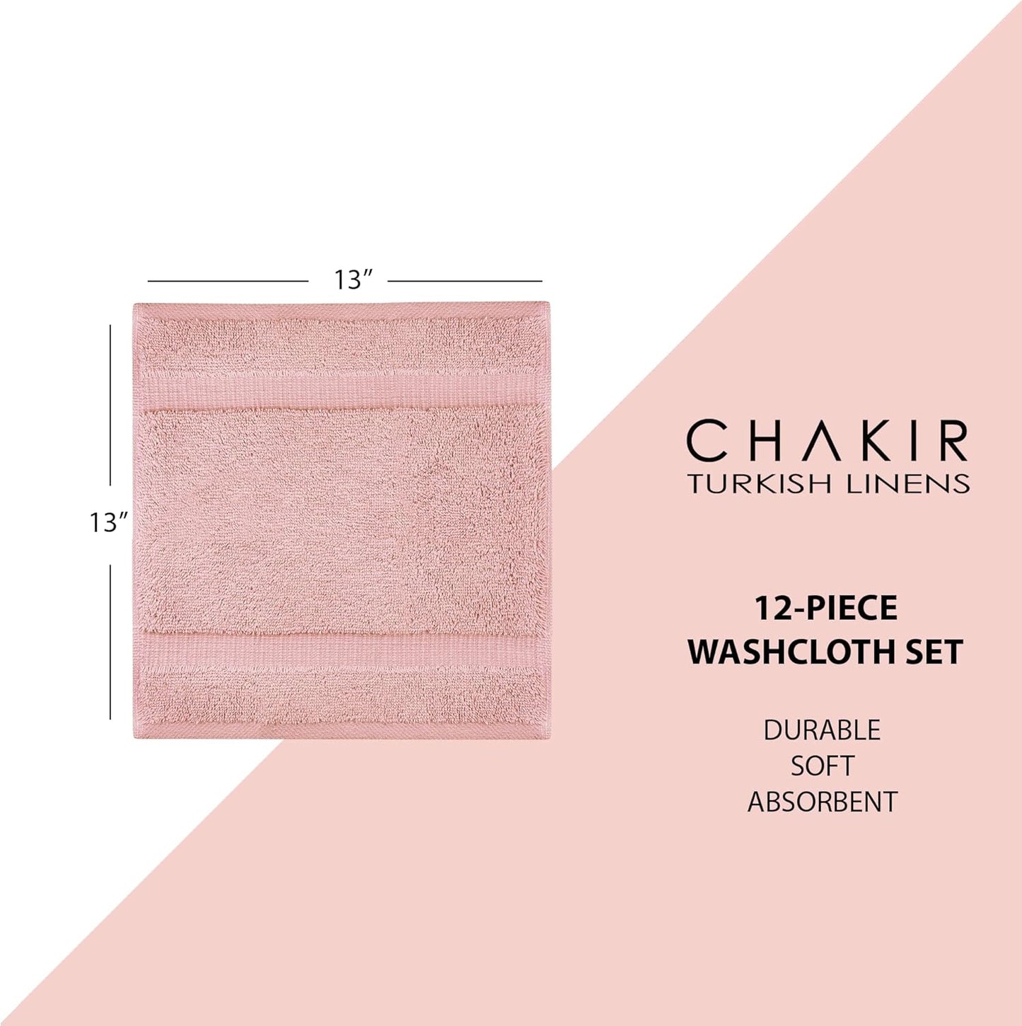 Chakir Turkish Linens | Hotel & Spa Quality 100% Cotton Premium Turkish Towels | Soft & Absorbent (12-Piece Washcloths, Pink)