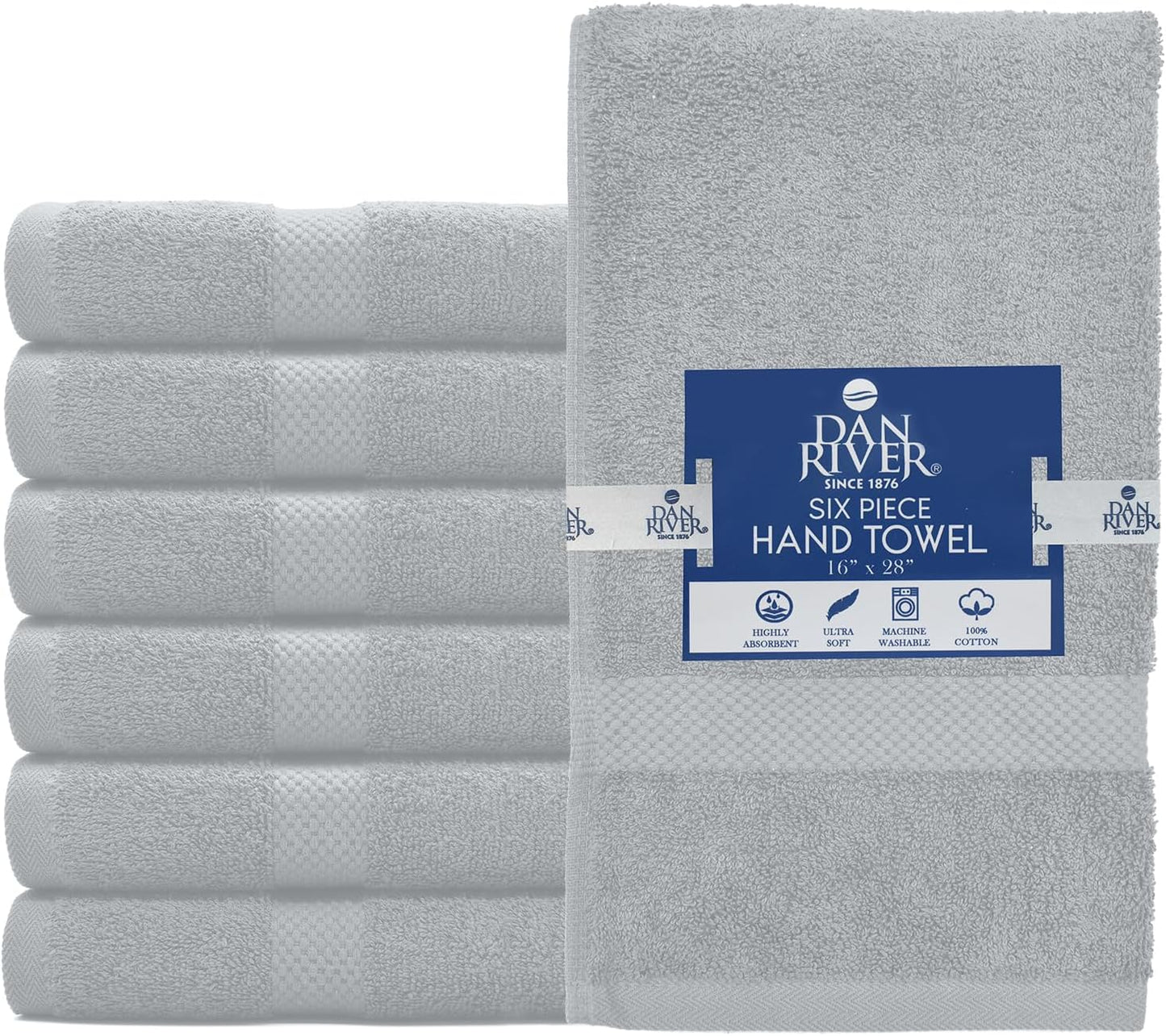 DAN RIVER 6-Pack Premium Hand Towels (16x28 Inches) - 100% Cotton, Ultra Soft, Lightweight, Highly Absorbent Towels for Bathroom, Spa, Gym, Salon, Hotel, and Travel - 550 GSM - Silver