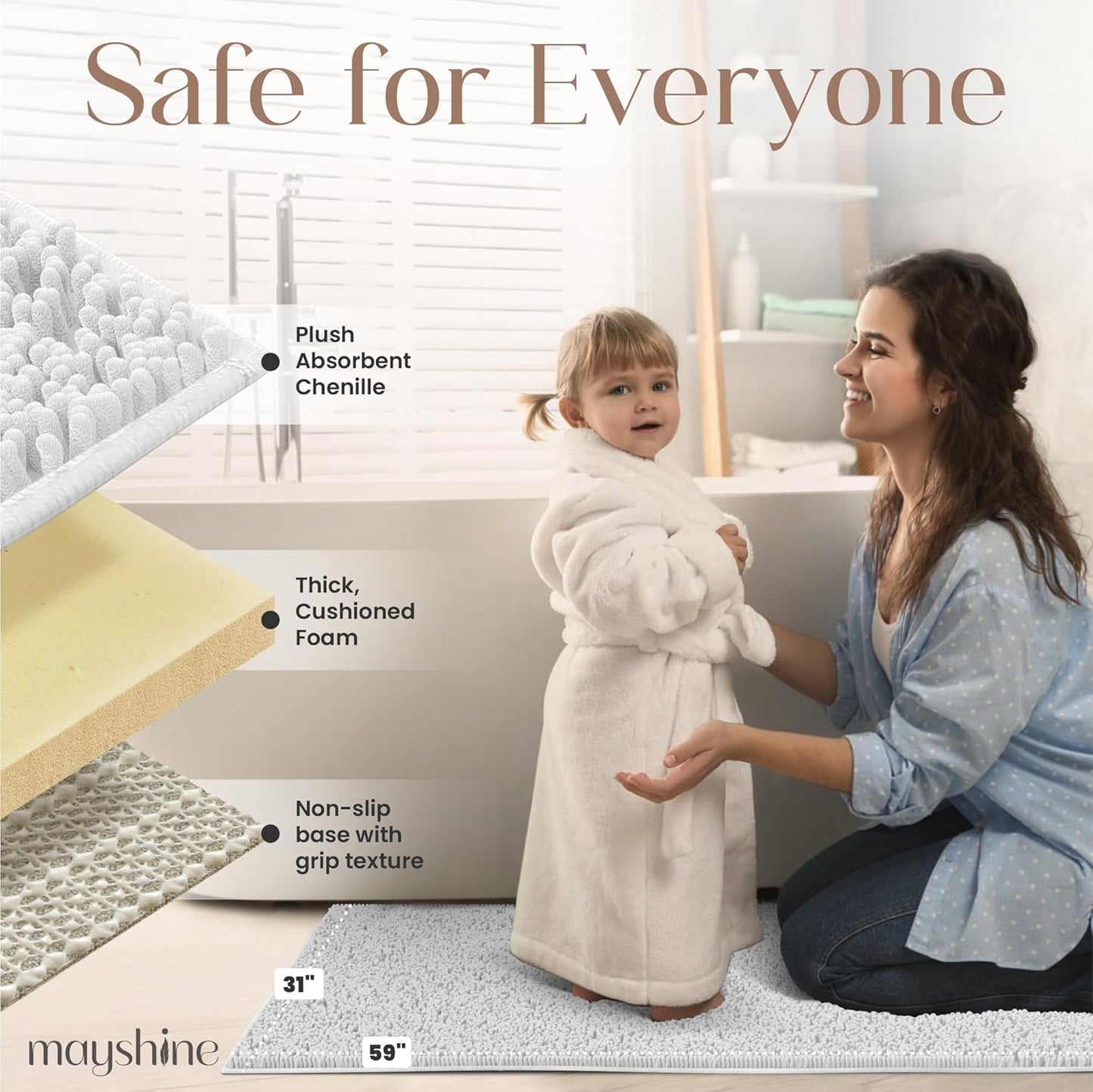 MAYSHINE Plush Shaggy Chenille Bath Mat | Extra Soft, Super Absorbent, Non-Slip Bathroom Rug | Fluffy Microfiber, Area Rug Sets for Bathroom Floor, Kitchen, Living Room | 59"x31" | White