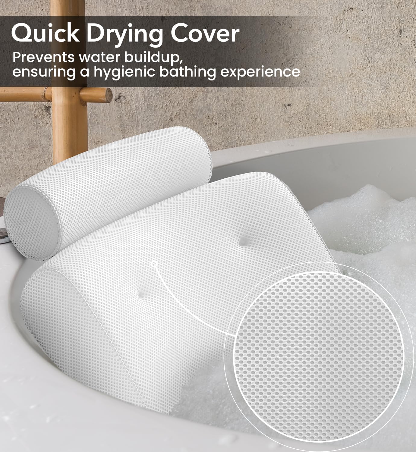 Everlasting Comfort Luxury Bath Pillows for Tub with Head and Neck Support - Non-Slip Bathtub Pillow with Suction Cups, Quick-Drying Mesh & Drying Hook - Jacuzzi & Bathtub Accessories for Women -White