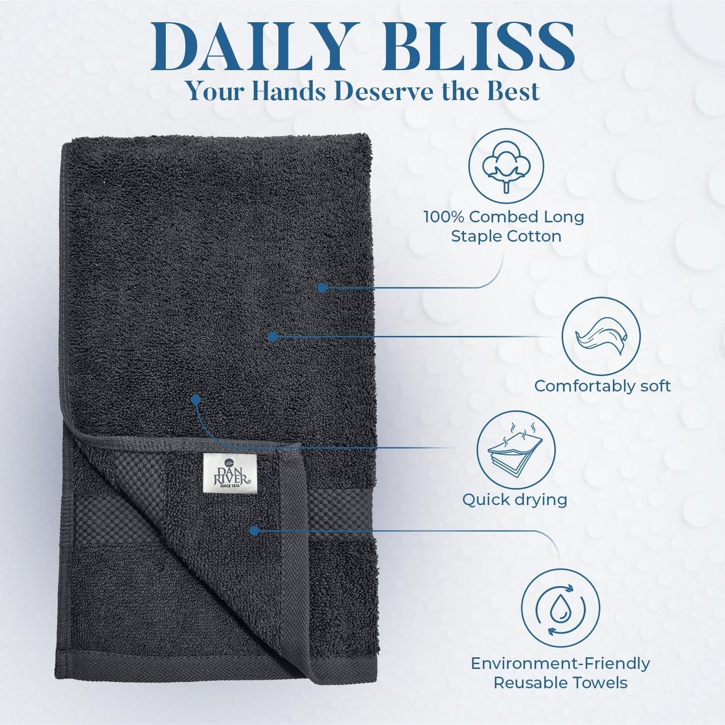 DAN RIVER 6-Pack Premium Hand Towels (16x28 Inches) - 100% Cotton, Ultra Soft, Lightweight, Highly Absorbent Towels for Bathroom, Spa, Gym, Salon, Hotel, and Travel - 550 GSM โ Dark Gray