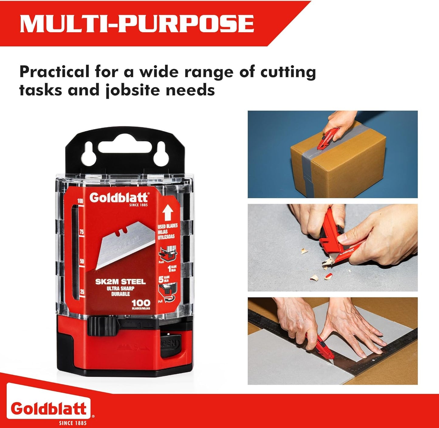 Goldblatt 100-Pack Utility Blades Premium Tempered SK2M Steel with Dispenser (G08283)