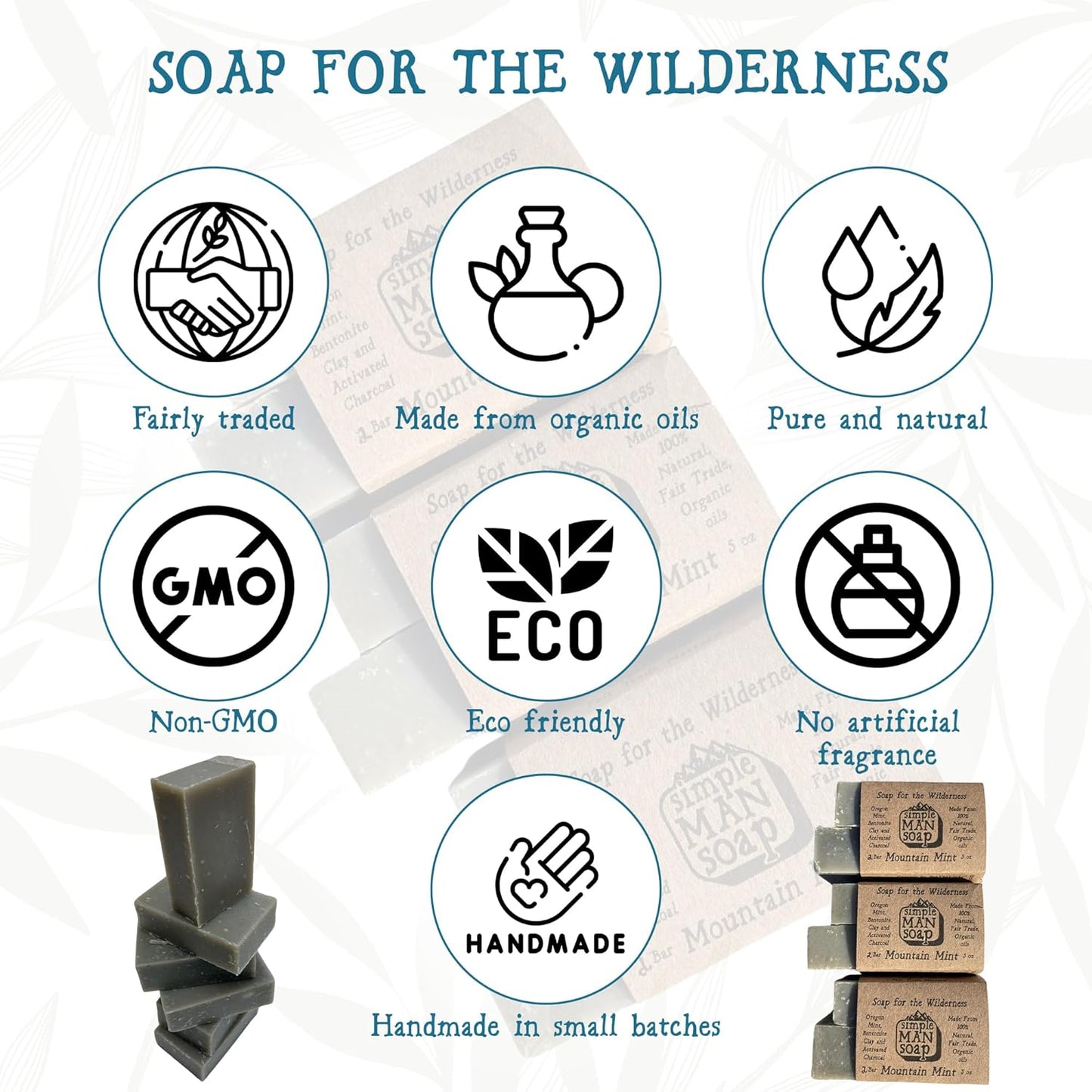 SimpleMan Soap Bar (Mountain Mint) - Men’s soap with Organic & Fair Trade Essential Oils - All Natural, Handmade Man Bath Soap Bars-Pack of Six 2.5 Ounce bars(15 Ounces Total)