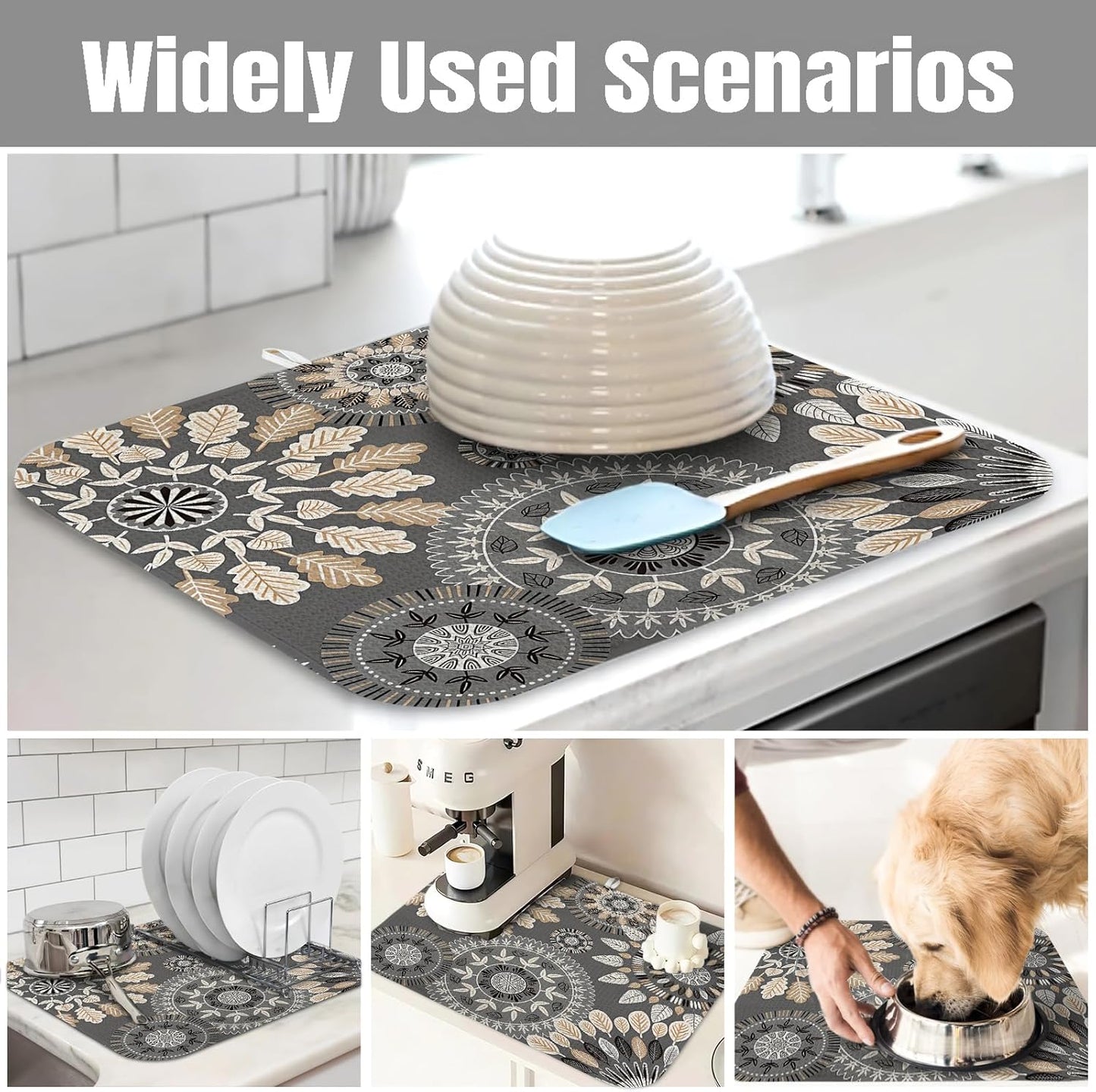 Dish Drying Mat for Kitchen Counter Large 18" x 24" Mandala Absorbent Microfiber Dishes Drainer Rack Mats Pad Reusable Washable